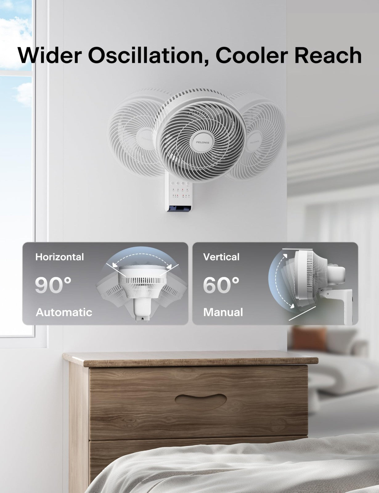 14" Wall Mount Fan with Remote Control, Oscillating, 3 Speeds, 90° Tilt, Quiet 35