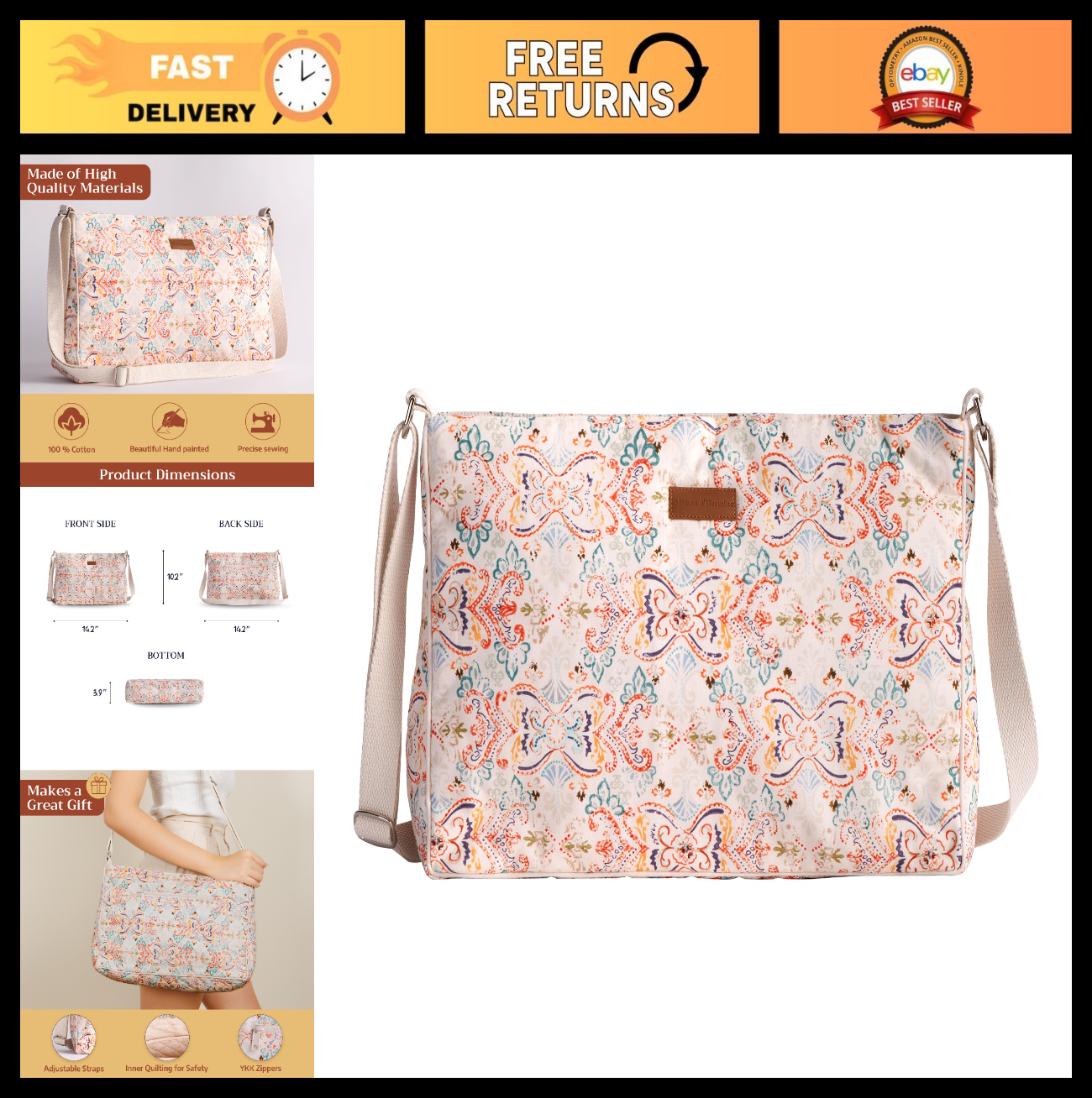 Stylish Women's Cotton Shoulder Handbag   Versatile Tote Bag for Everyday Use0