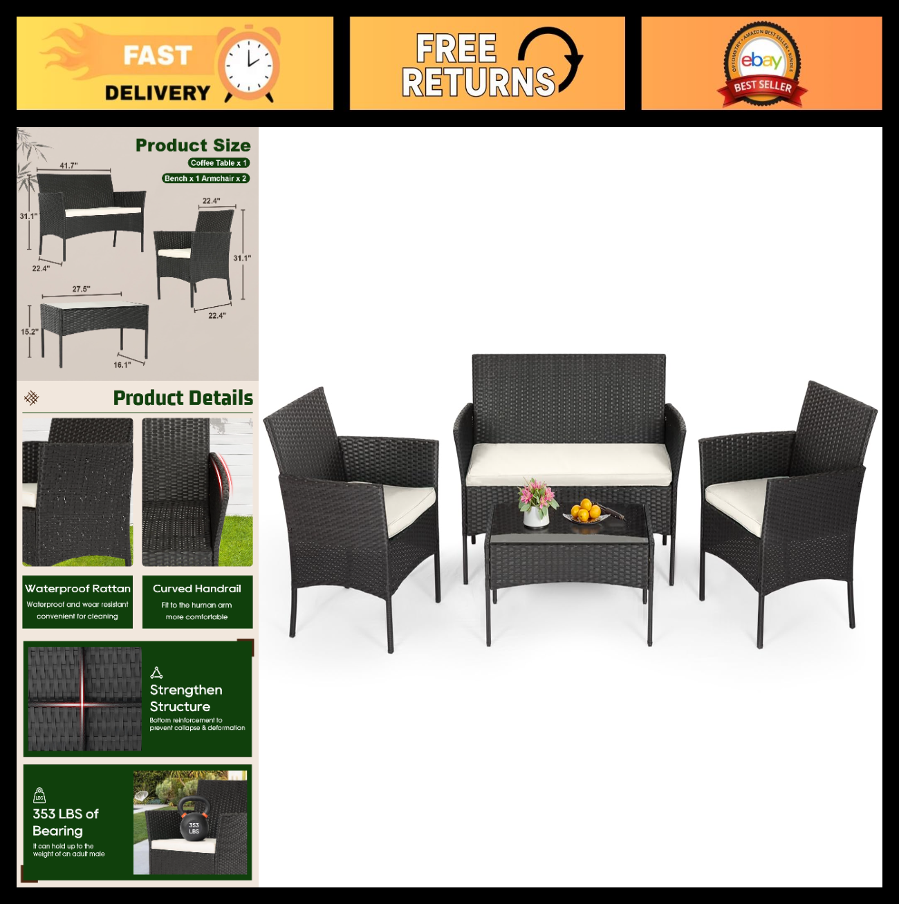 4 Piece Outdoor Wicker Patio Furniture Set | Modern Rattan Chairs & Coffee Table0