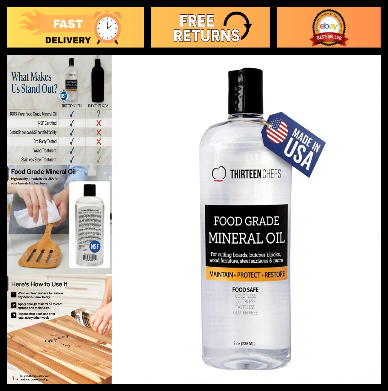 Food Grade Mineral Oil 8oz   NSF Certified for Cutting Boards & Kitchen Use0