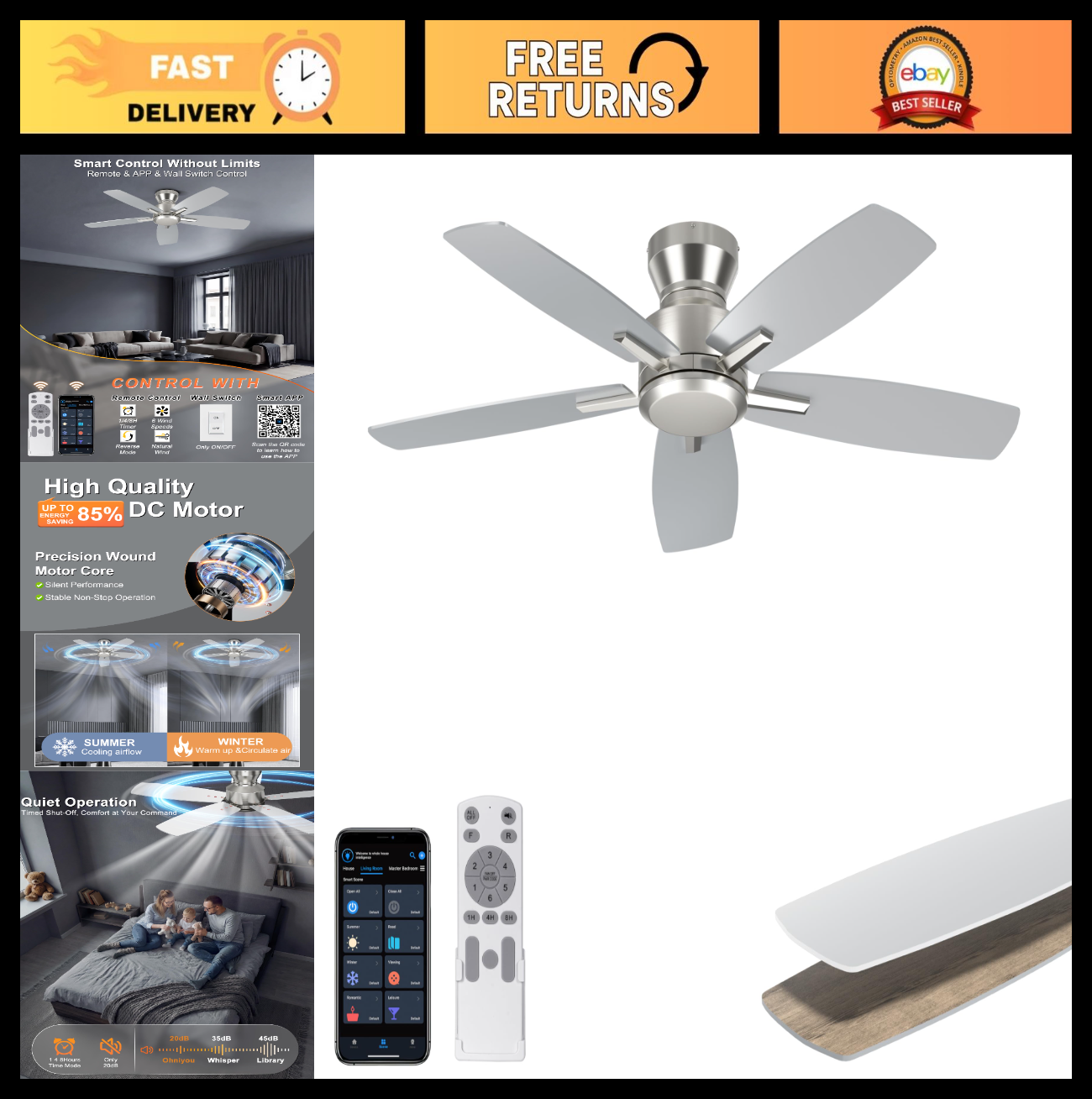 42" Low Profile Ceiling Fan   No Light, Flush Mount, Remote/App Control, Quiet D0