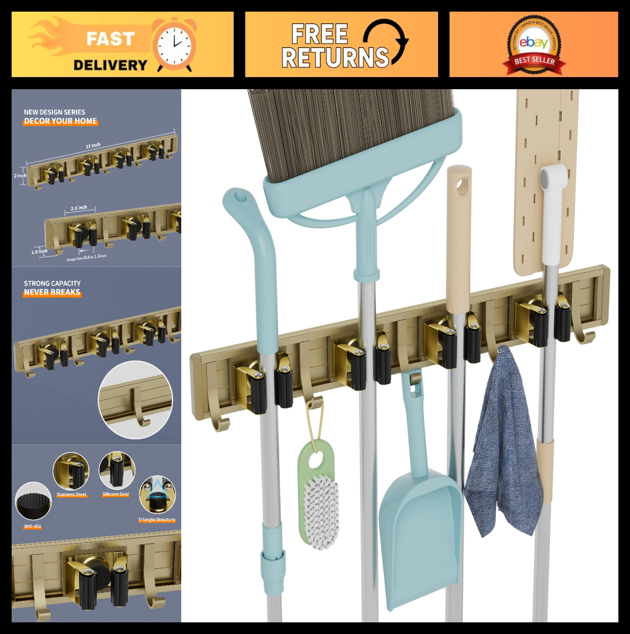 Wall Mount Broom Holder & Mop Hanger Organizer - 4 Racks & 5 Hooks Storage Solut0