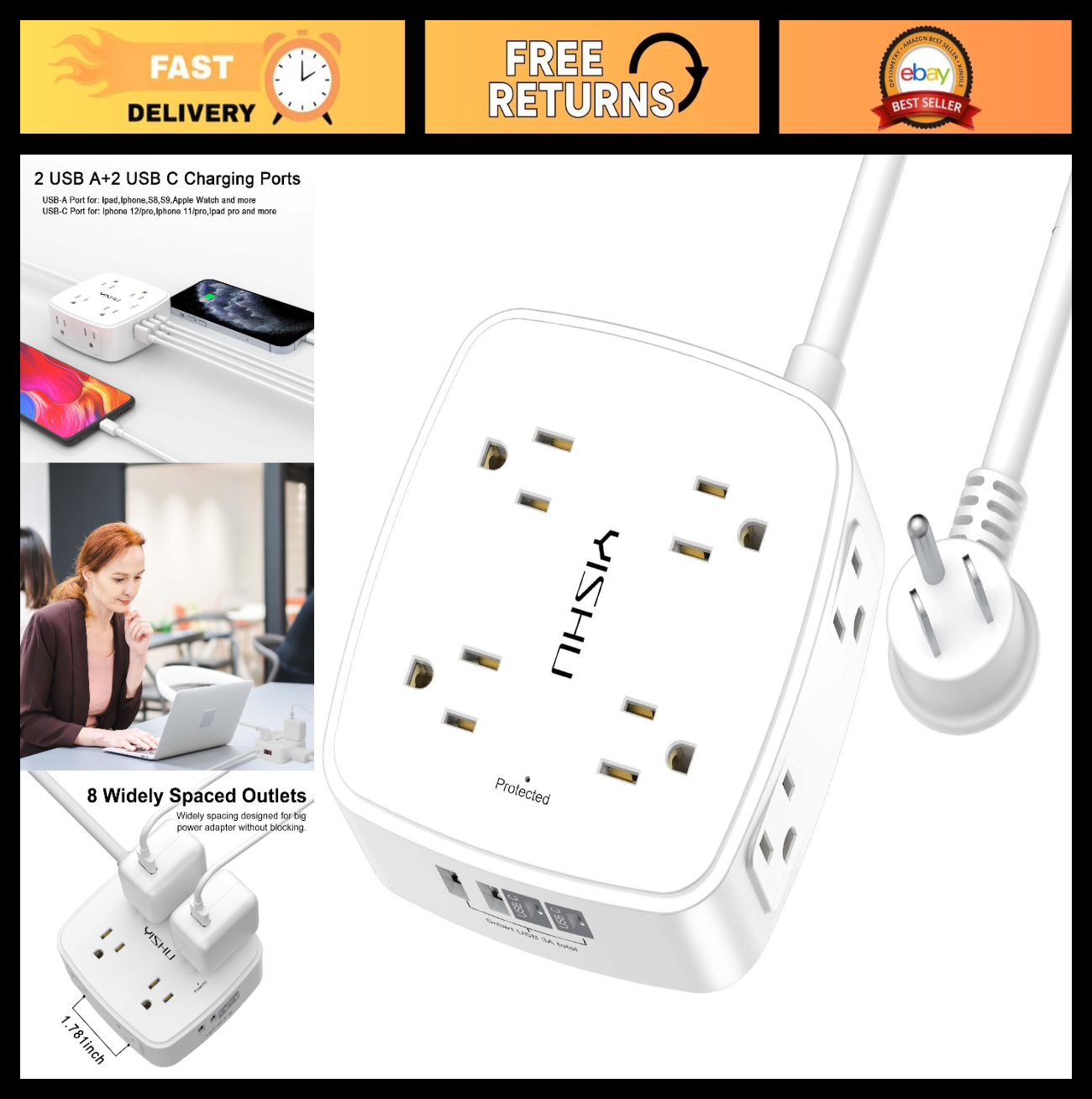8 Outlet Surge Protector Power Strip with 4 USB Ports, 3ft Extension Cord, Wall0