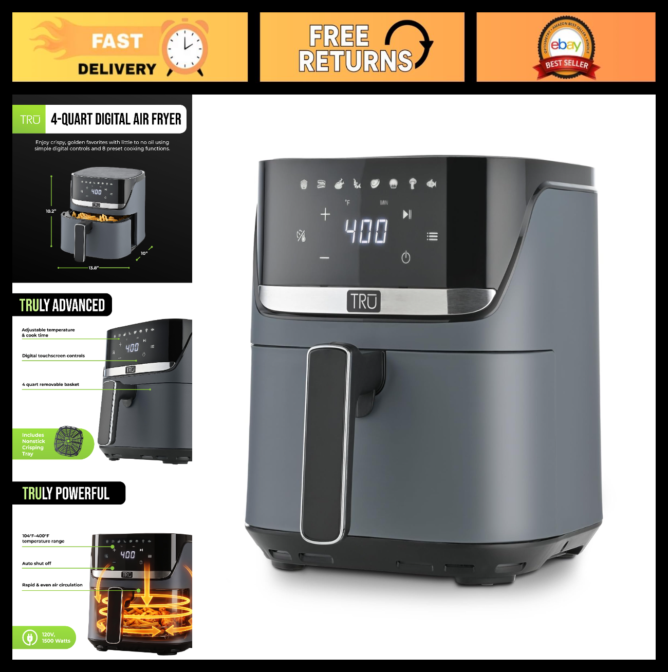 4 Quart Digital Air Fryer   Family Size, One Touch Control, 8 Cooking Presets, N0
