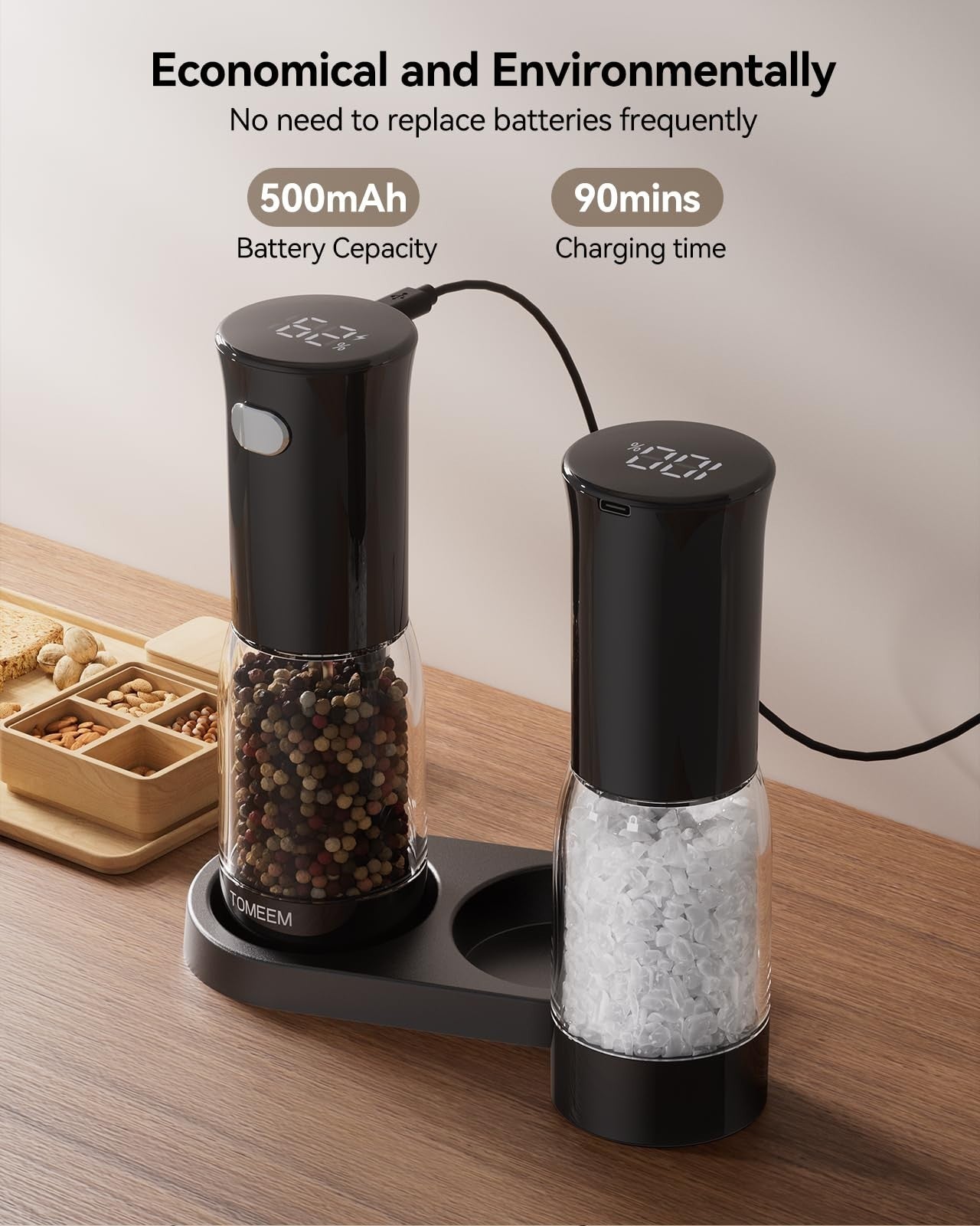 Rechargeable Electric Salt & Pepper Grinder Set with LED Light, 5-Level Adjustab3