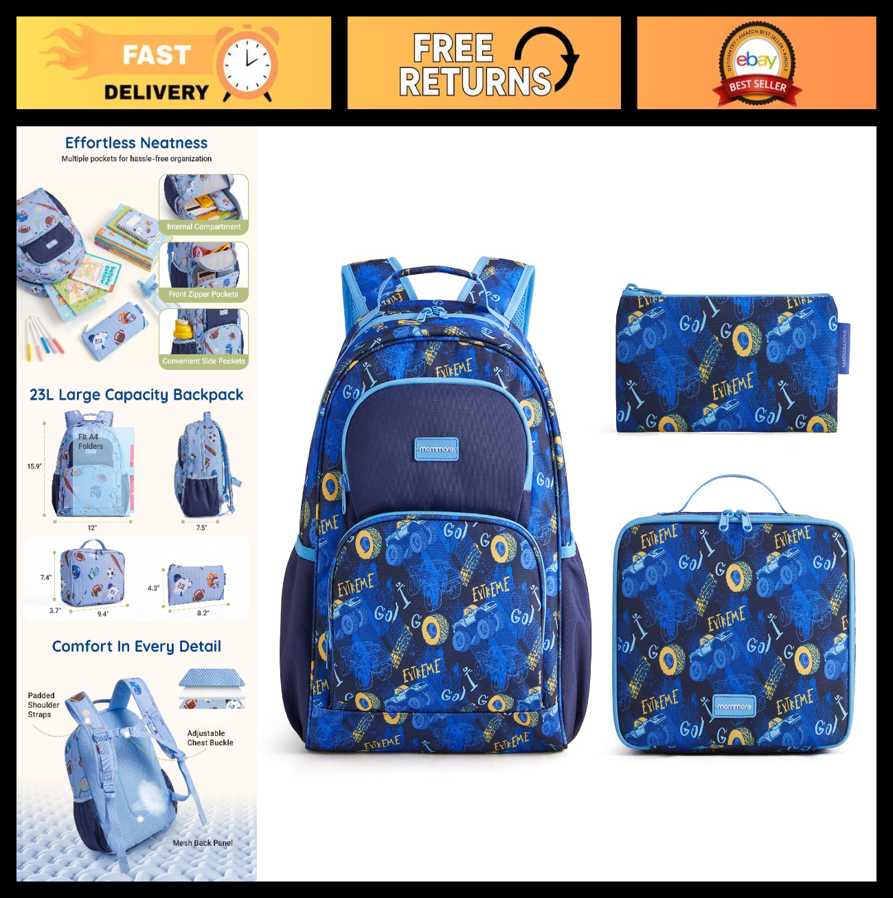 Kids Backpack Set 3PCS for School, Large Capacity 23L, Lightweight, Water-Resist0
