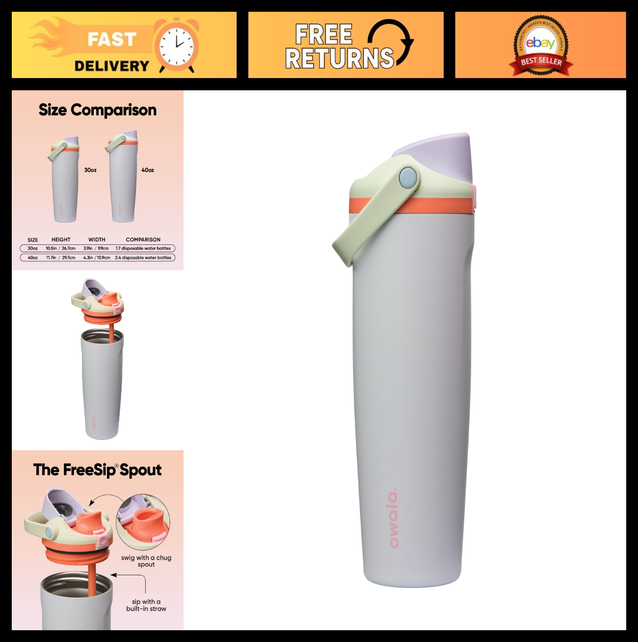 Insulated Stainless Steel Water Bottle 30oz   Two Way Spout, Built In Straw, Lea0
