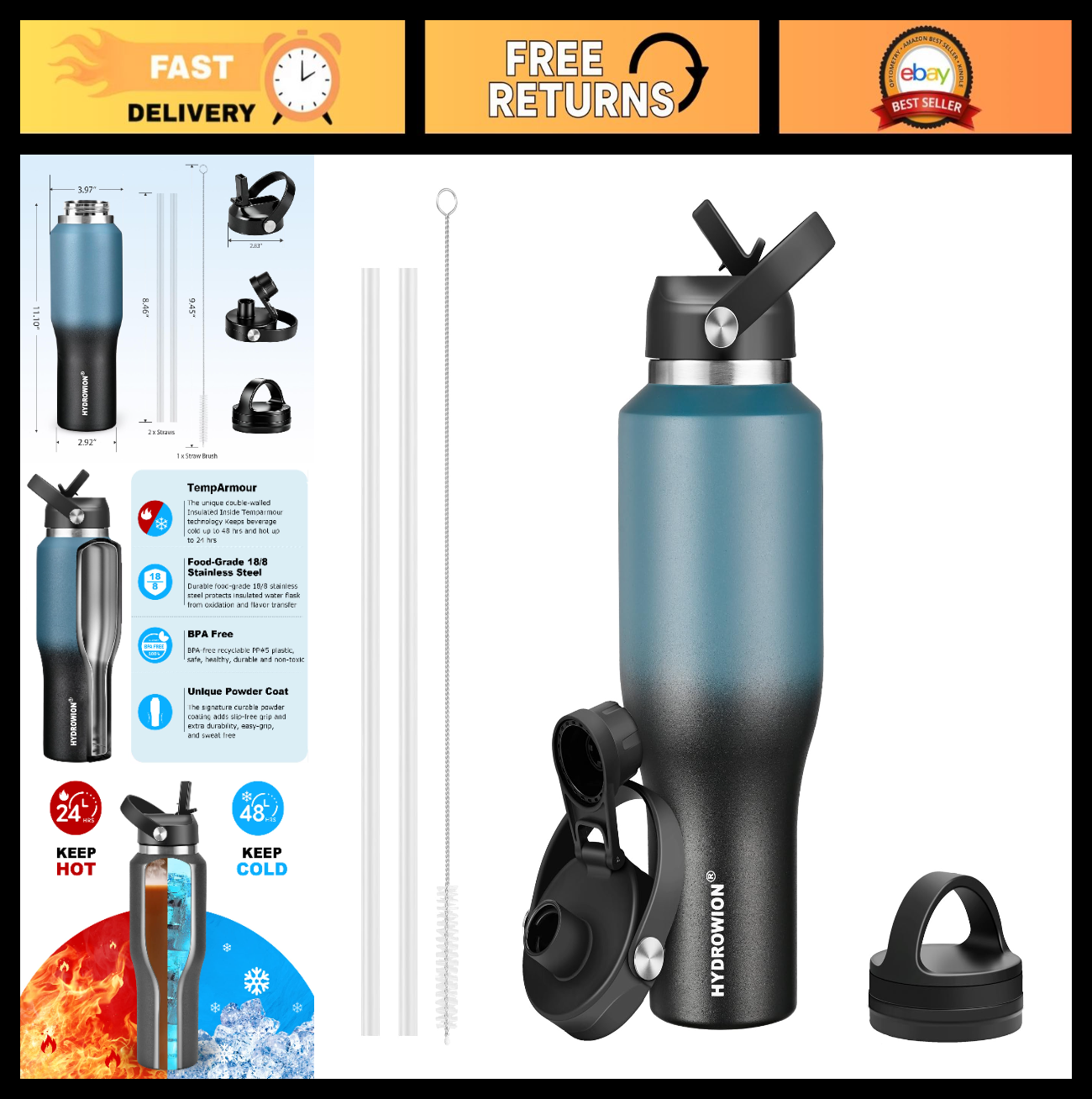 Insulated Travel Water Bottle - Fits Car Cup Holder, Keeps Drinks Hot/Cold 48Hrs0