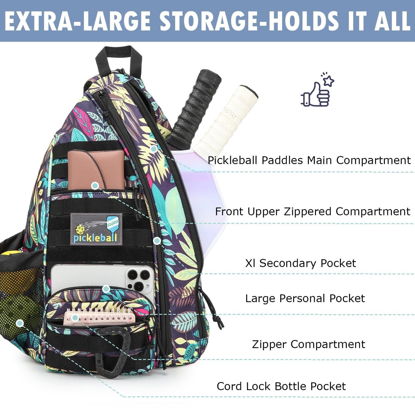 Tactical Pickleball Backpack - Adjustable Sling Bag with Fence Hook & Water Bott3