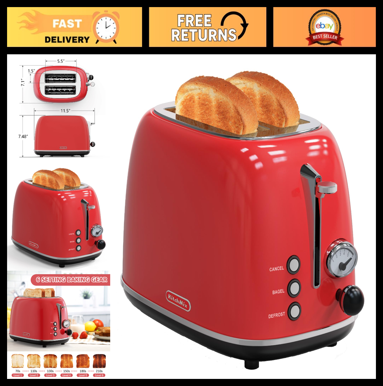 Retro Stainless Steel 2 Slice Toaster, 6 Settings, Extra Wide Slots, Bagel/Defro0