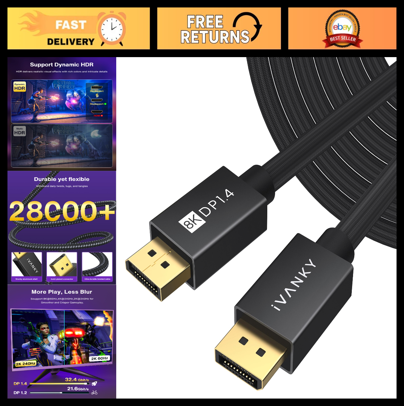 8K DisplayPort Cable 25ft, 32.4Gbps DP 1.4 for Gaming Monitor, HBR3, HDR, HDCP 20