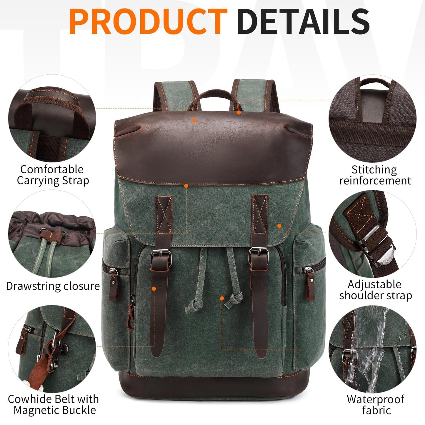 Vintage Waxed Canvas Leather Backpack for Men, 17.3" Laptop Rucksack, Travel Bag5