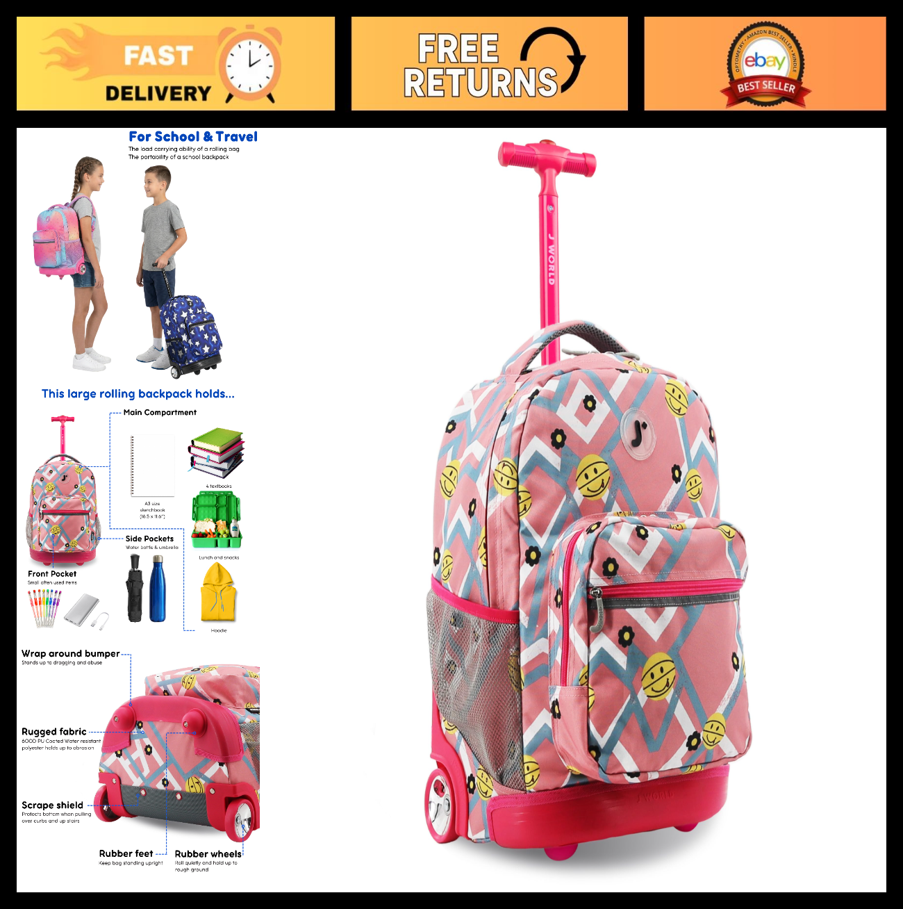 Kids Rolling Backpack with Wheels, 18" School Bookbag for Boys & Girls, Basketba0