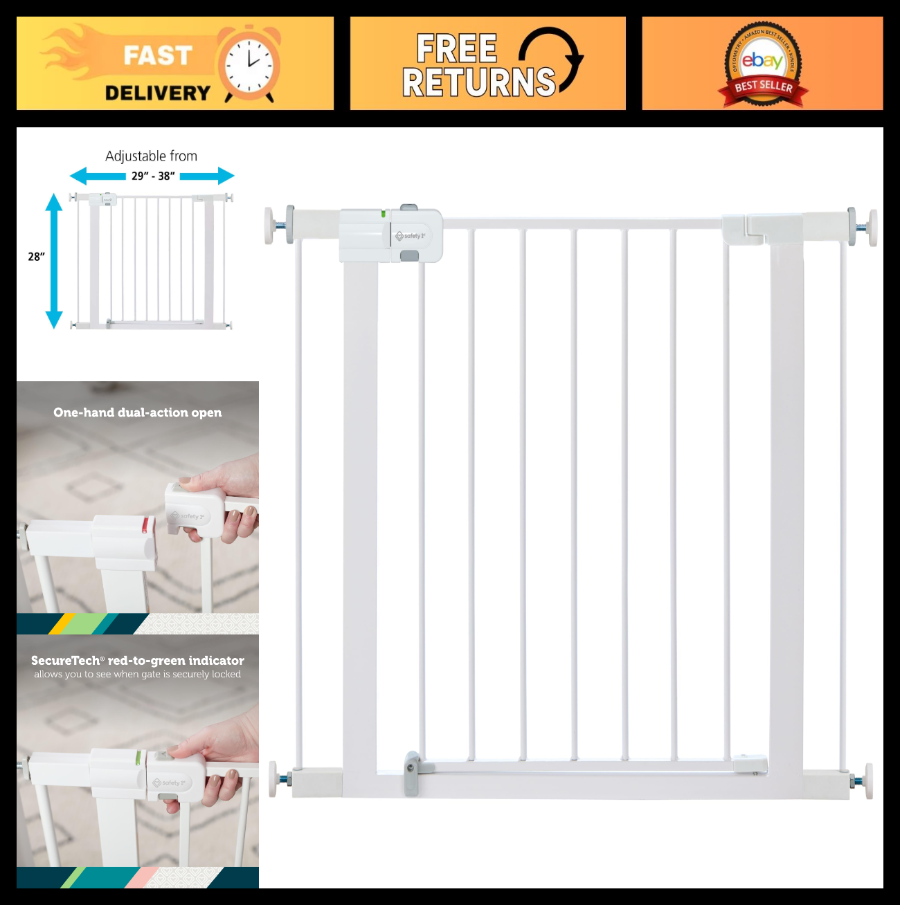 Easy Install Walk Thru Baby Gate for Doorway, Fits 29" 38", 28" Tall, White Dog0