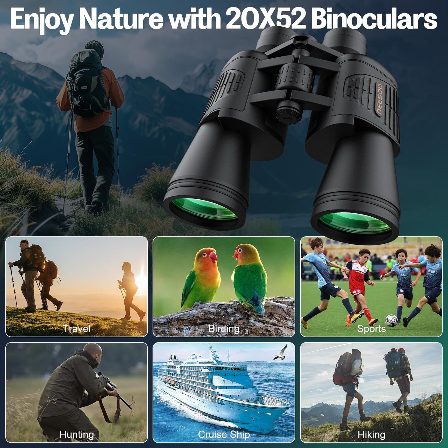 High-Powered 20x52 Binoculars - HD Low Light Vision for Bird Watching, Hunting &5