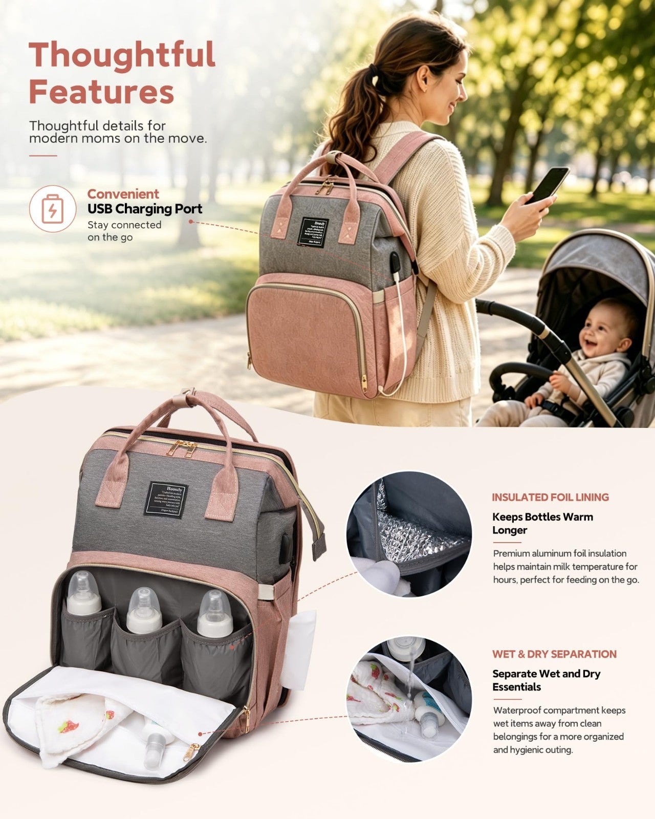 Large Capacity Diaper Bag Backpack with Changing Station, 25L, Waterproof & Styl3