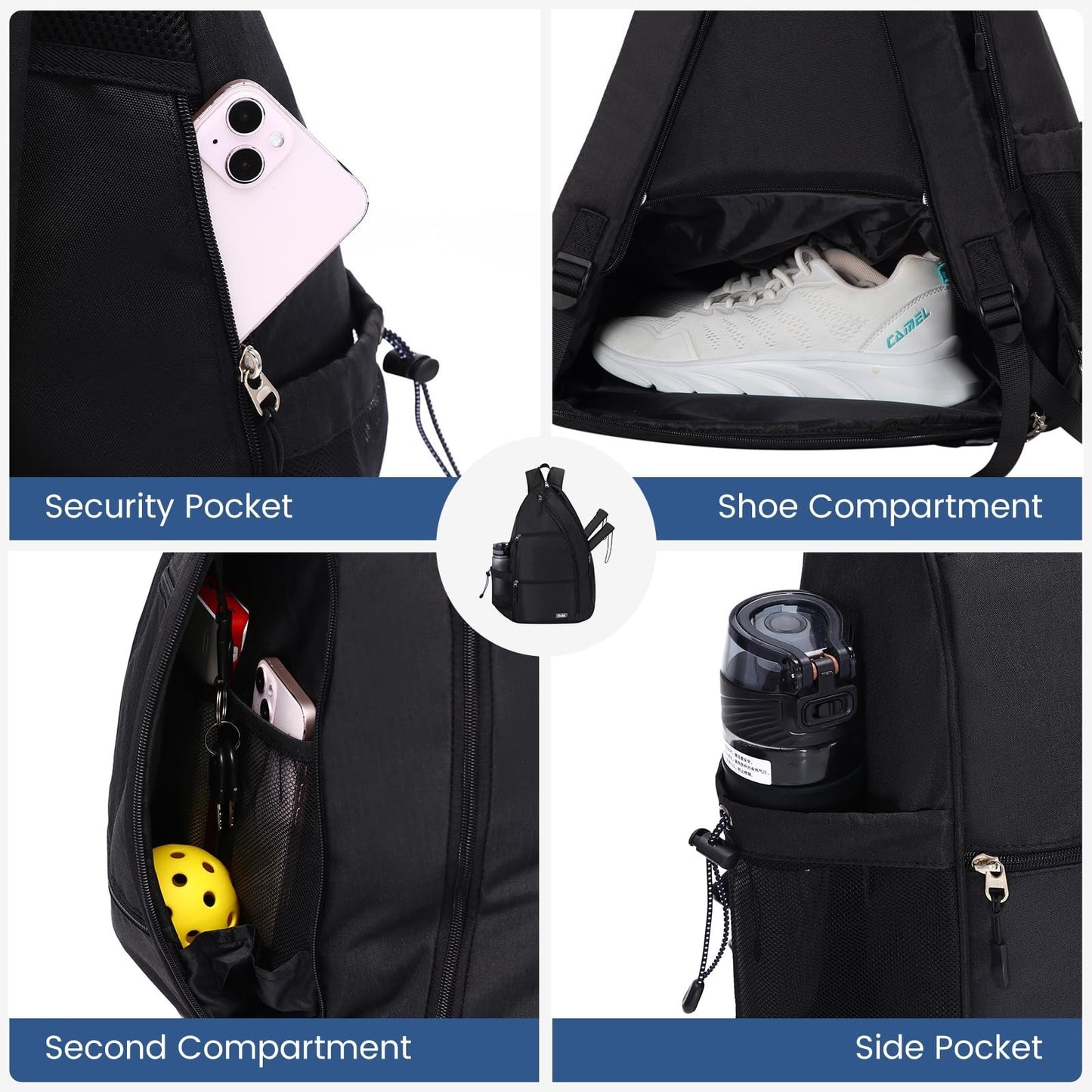 Water-Resistant Pickleball Backpack, Convertible Sling Bag with Fence Hook, Hold2