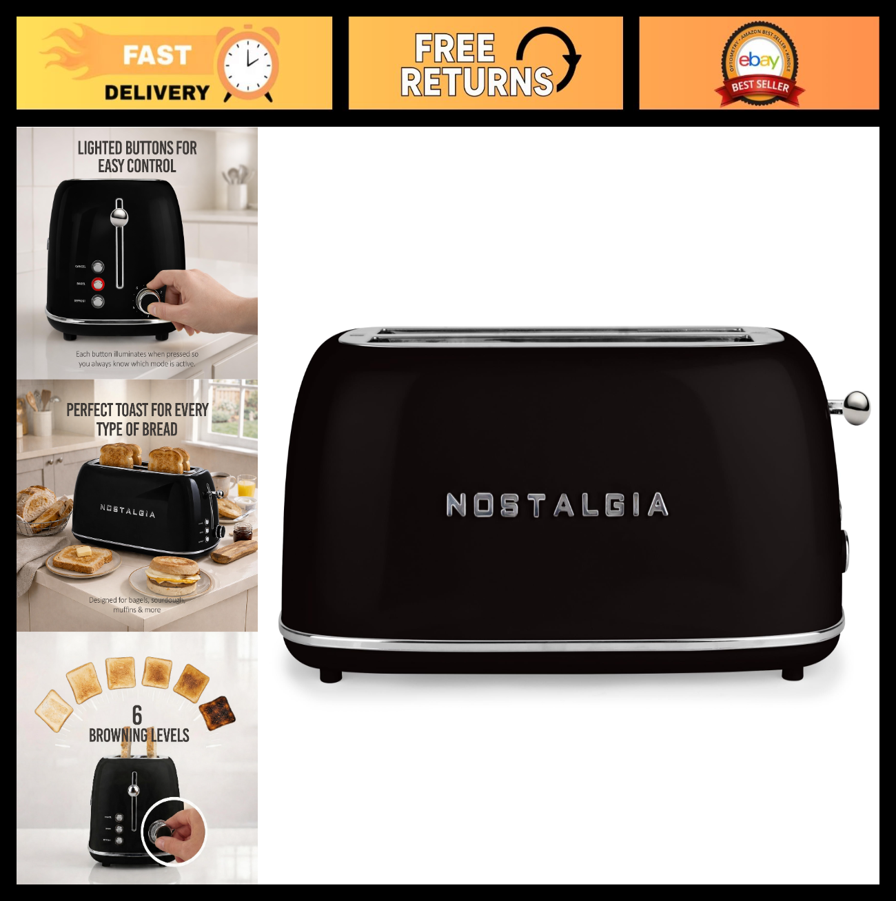 Classic Retro 4 Slice Toaster   Vintage Enamel Steel, Wide Slots, 6 Levels, Defr0