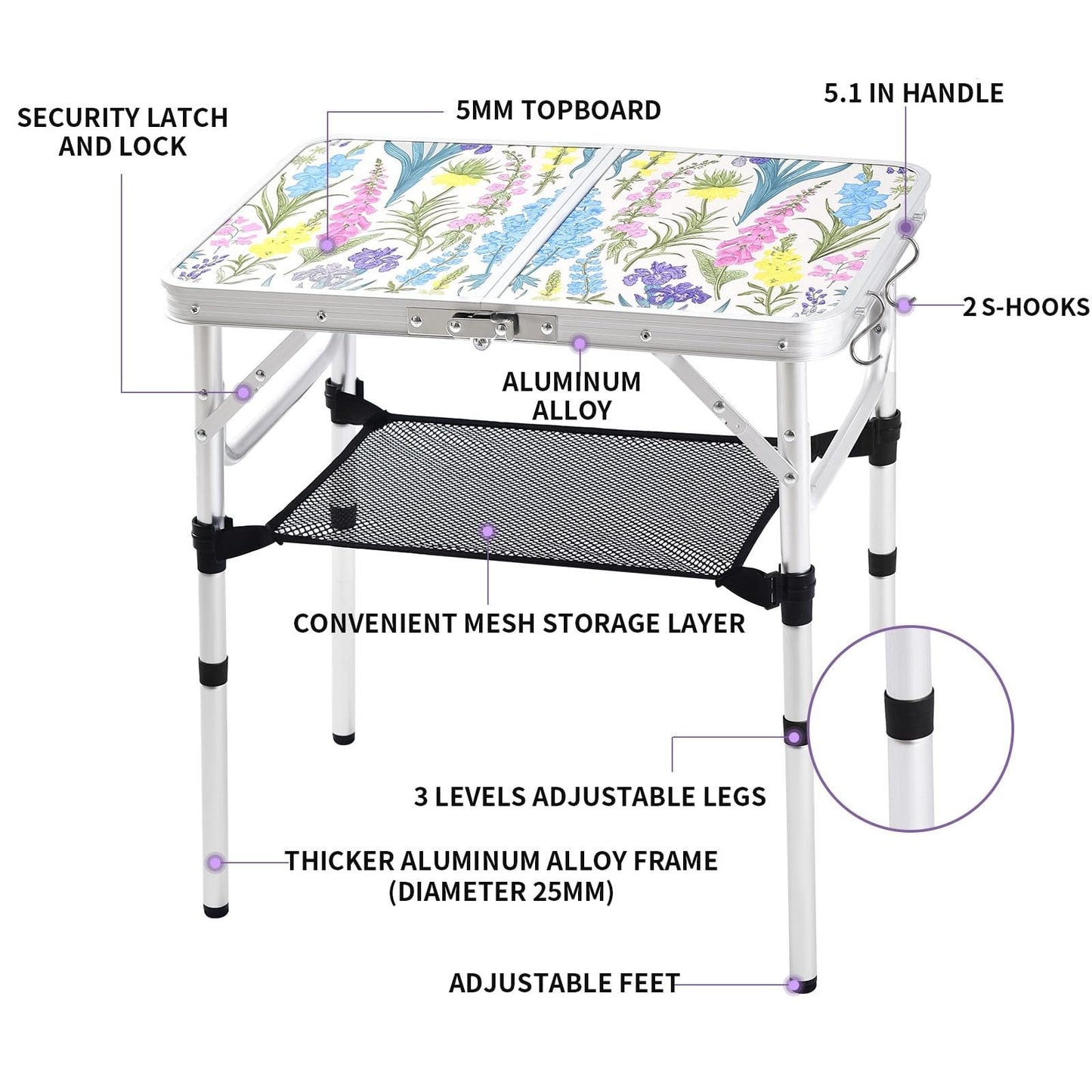 Portable Folding Camping Table - 2ft Adjustable Height, Lightweight, Carry Handl3