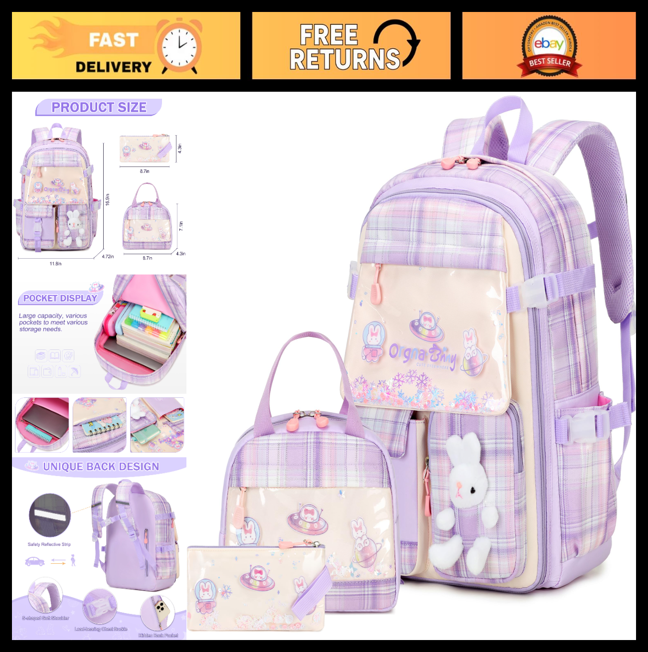 3PCS Kawaii Bunny Girls Backpack Set   School Bag, Lunch Box & Pencil Case   Pur0