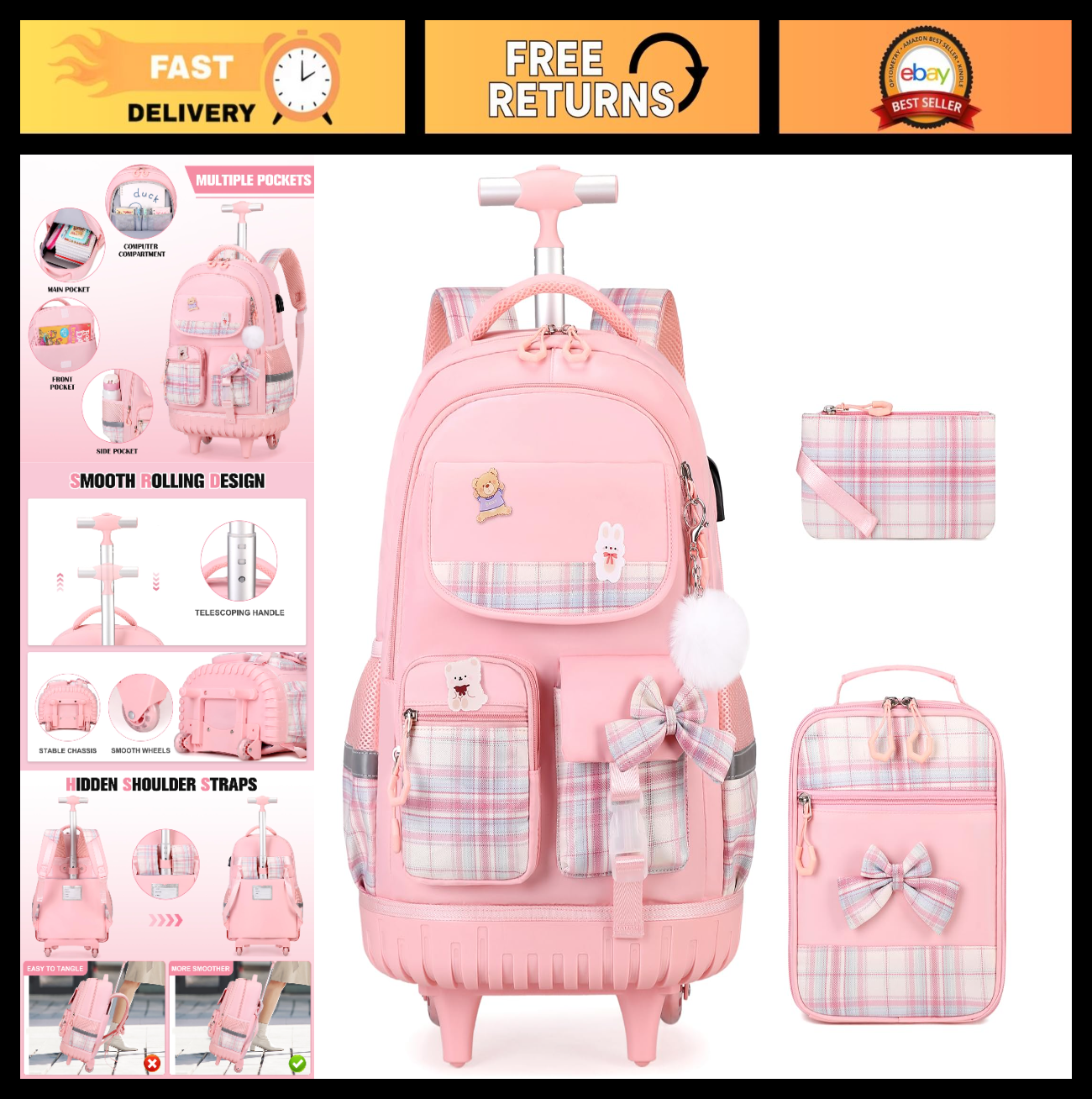 Rolling Backpack for Girls   Wheeled School Bag with Lunch Bag & Pencil Pouch, P0