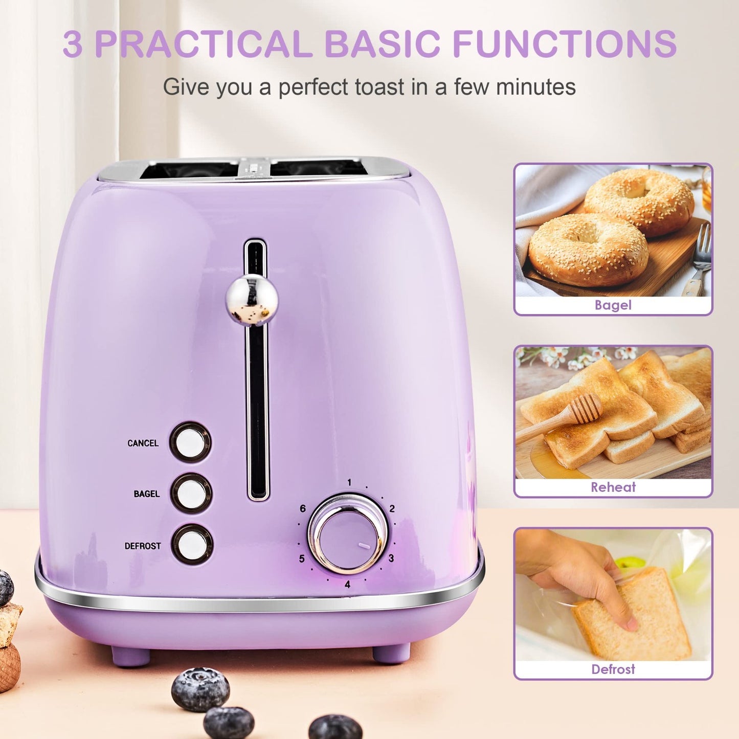 Retro Stainless Steel 2 Slice Toaster with Bagel, Cancel, Defrost, 6 Shade Setti4