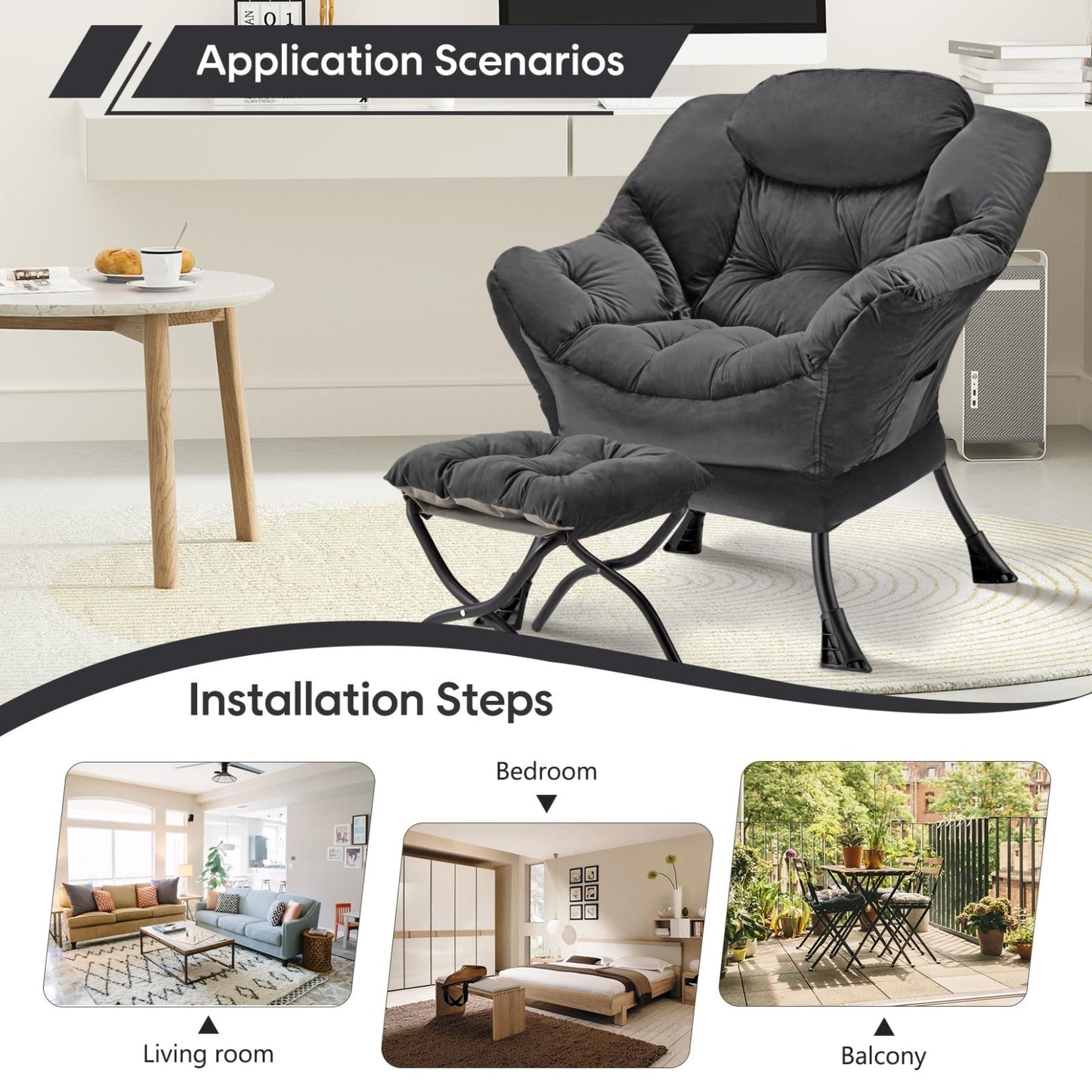 Modern Folding Ottoman Lazy Chair - Large Accent Armchair for Bedroom, Office &4
