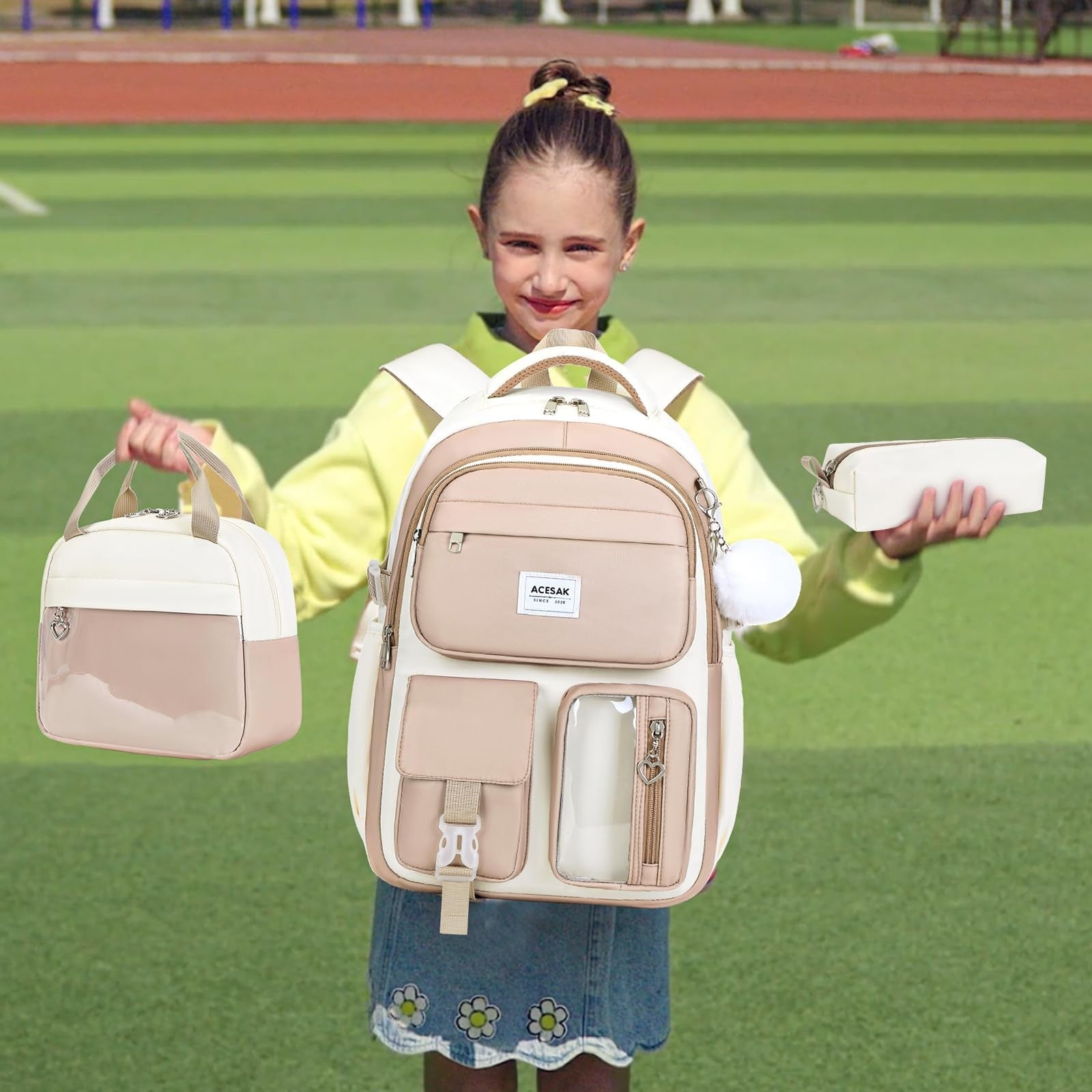Stylish Girls Backpack with Lunch Bag & Pencil Pouch   Teen Laptop Bookbag, Khak2
