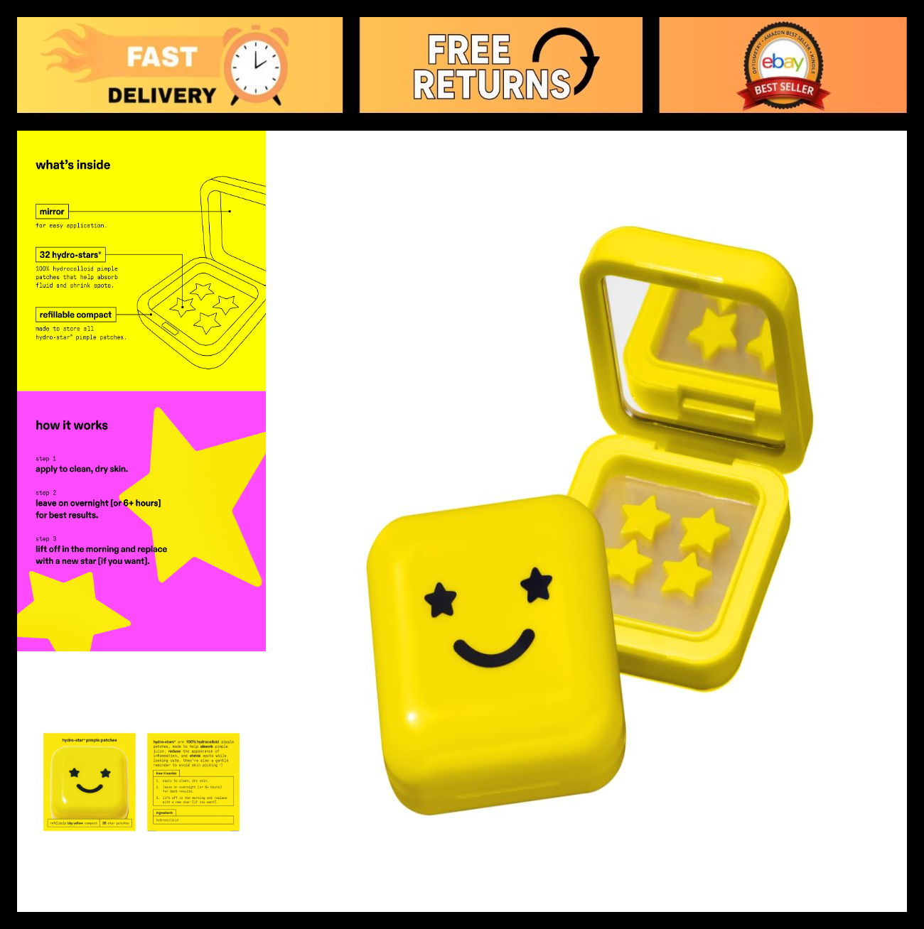 Hydrocolloid Pimple Patch   Yellow Compact Star Patches, 32 Count for Acne Care0