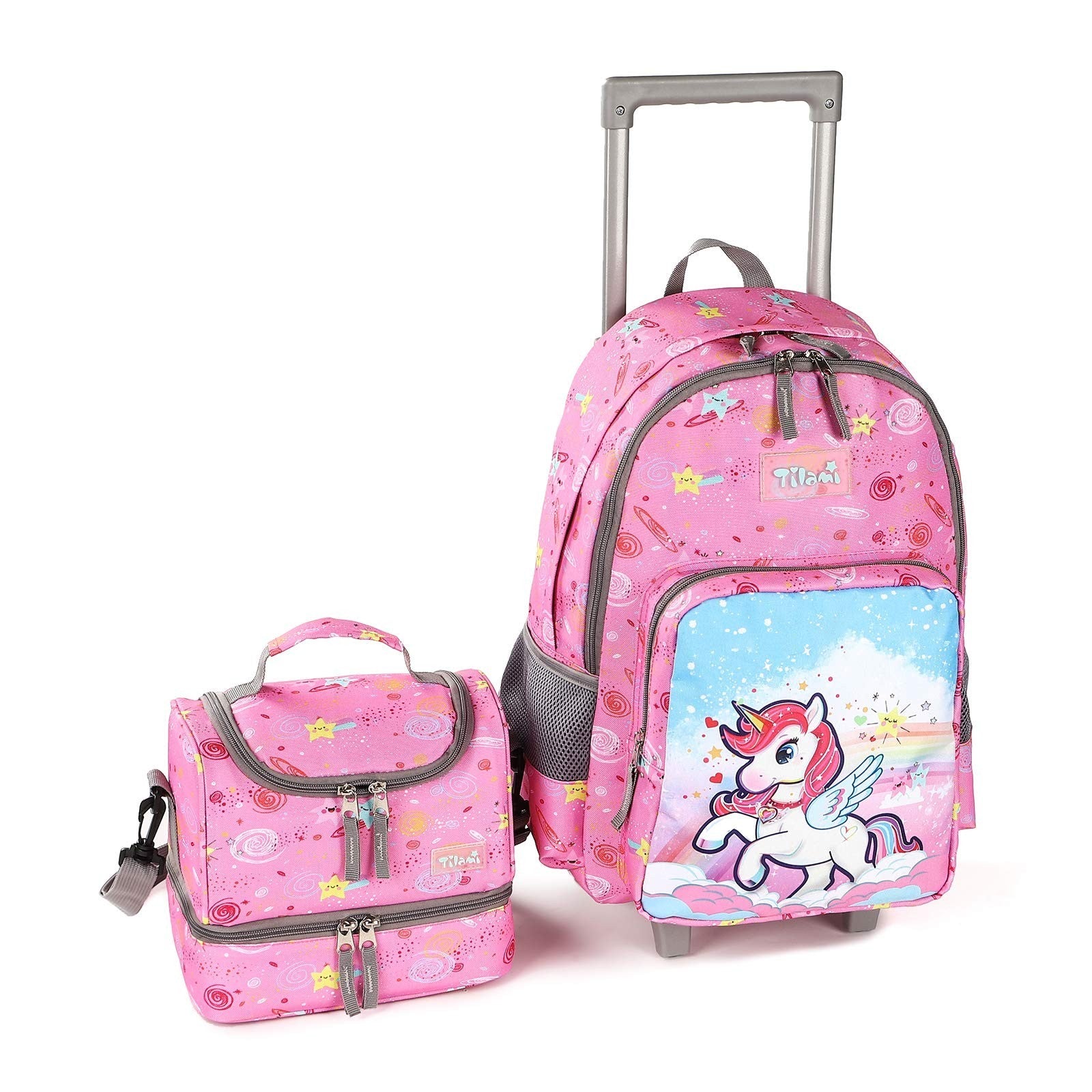 Wheeled Kids Backpack 18" with Lunch Bag, Double Handle, Pink Unicorn Design1