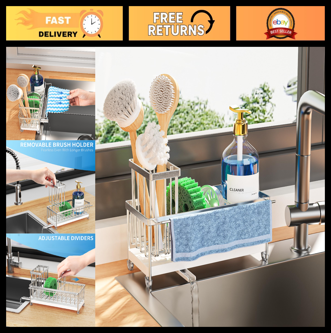 Kitchen Sink Caddy Organizer with Brush Holder, Rustproof Stainless Steel, Towel0