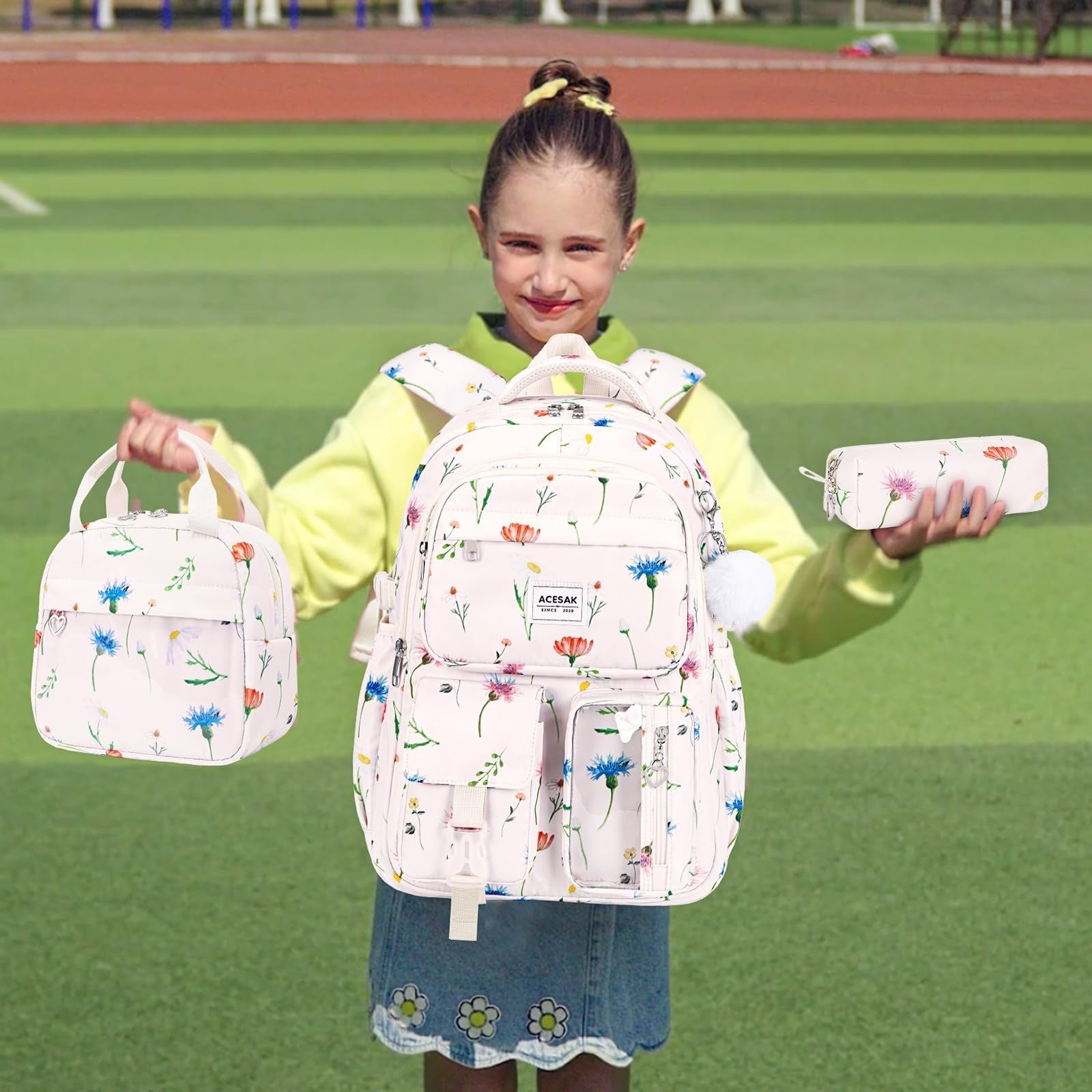 Stylish Girls Backpack with Lunch Bag & Pencil Pouch   Teen Laptop Bookbag, Beig2