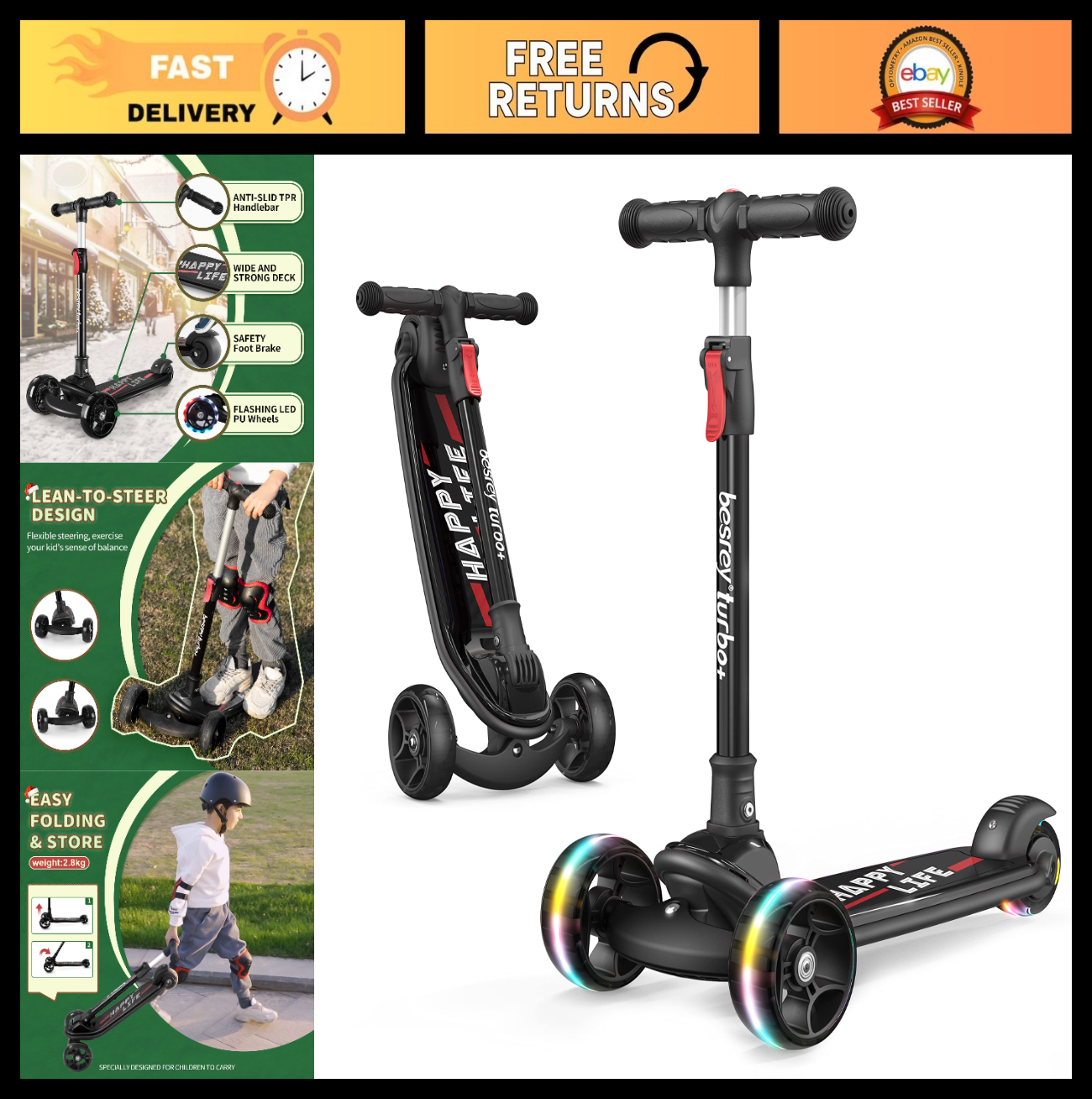 3-Wheel Kids Scooter Ages 3-10, Adjustable Height, Safe & Fun Ride-On Toy0