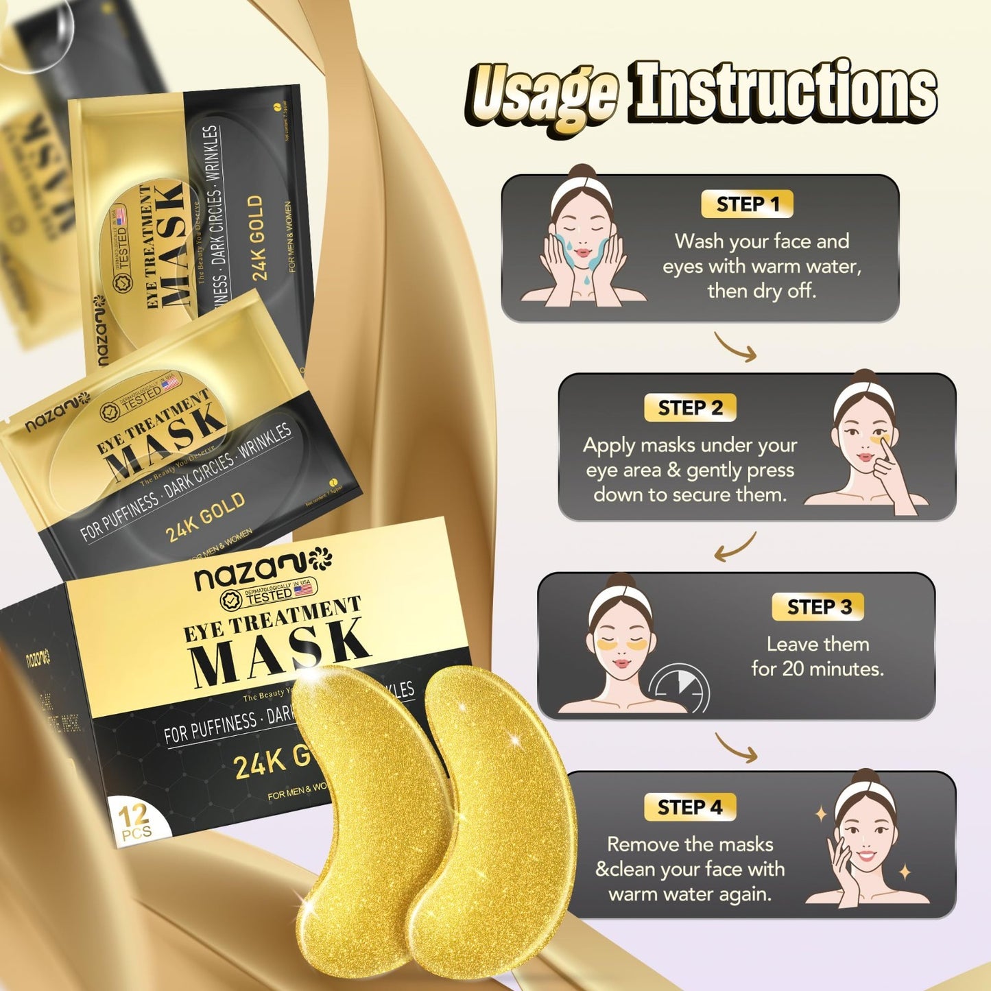 24K Gold Under Eye Patches   12 Pcs Hydrating Eye Masks for Dark Circles & Puffi4
