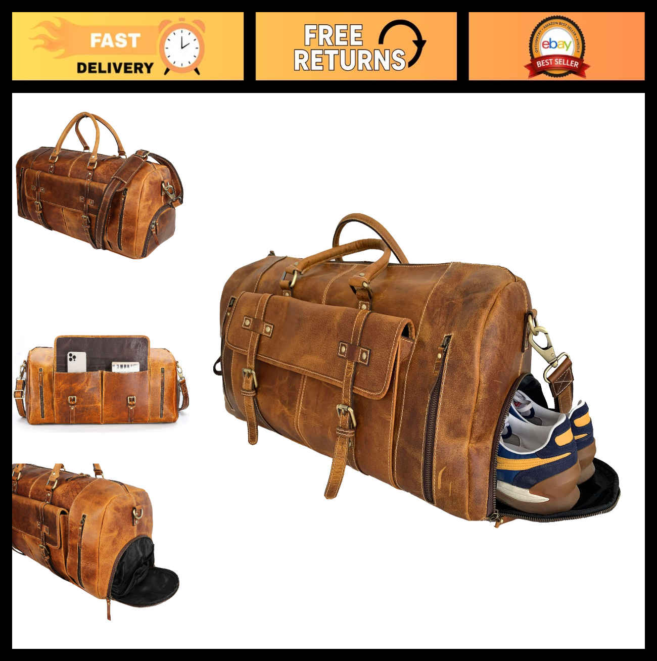Leather Duffle Bag for Travel, Overnight & Gym - 28" Distressed Tan Holdall0