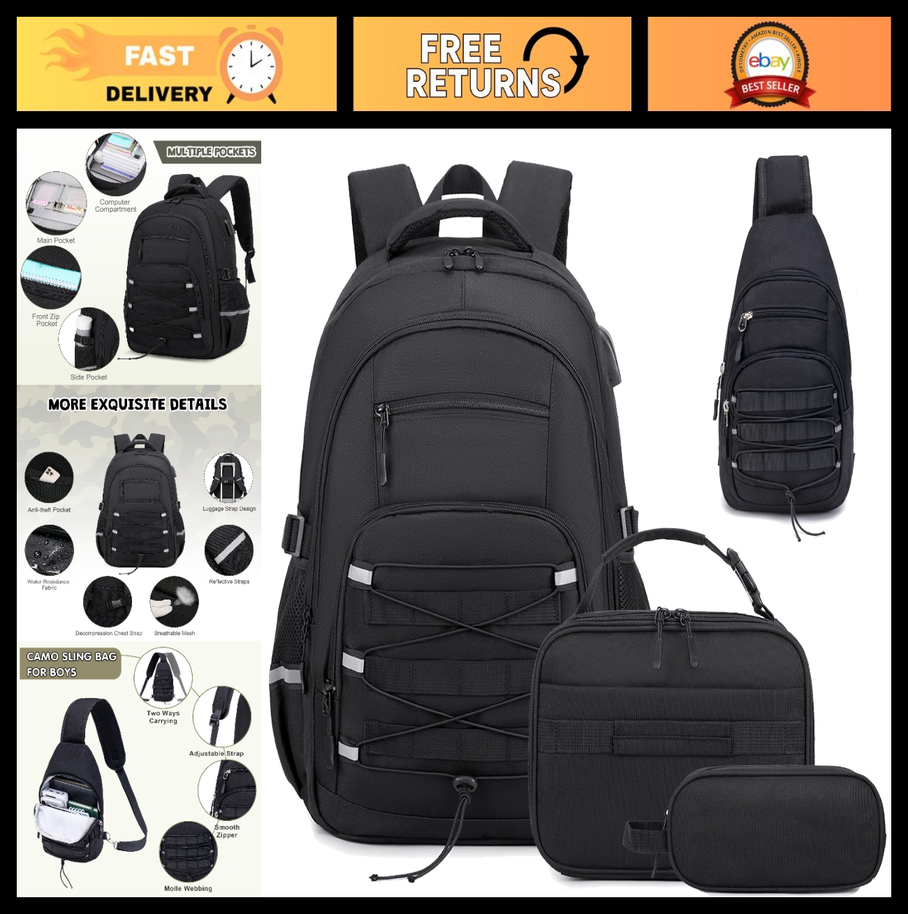 Tactical Camo Backpack Set for Boys   4PCS Military School Bag with Sling, Lunch0