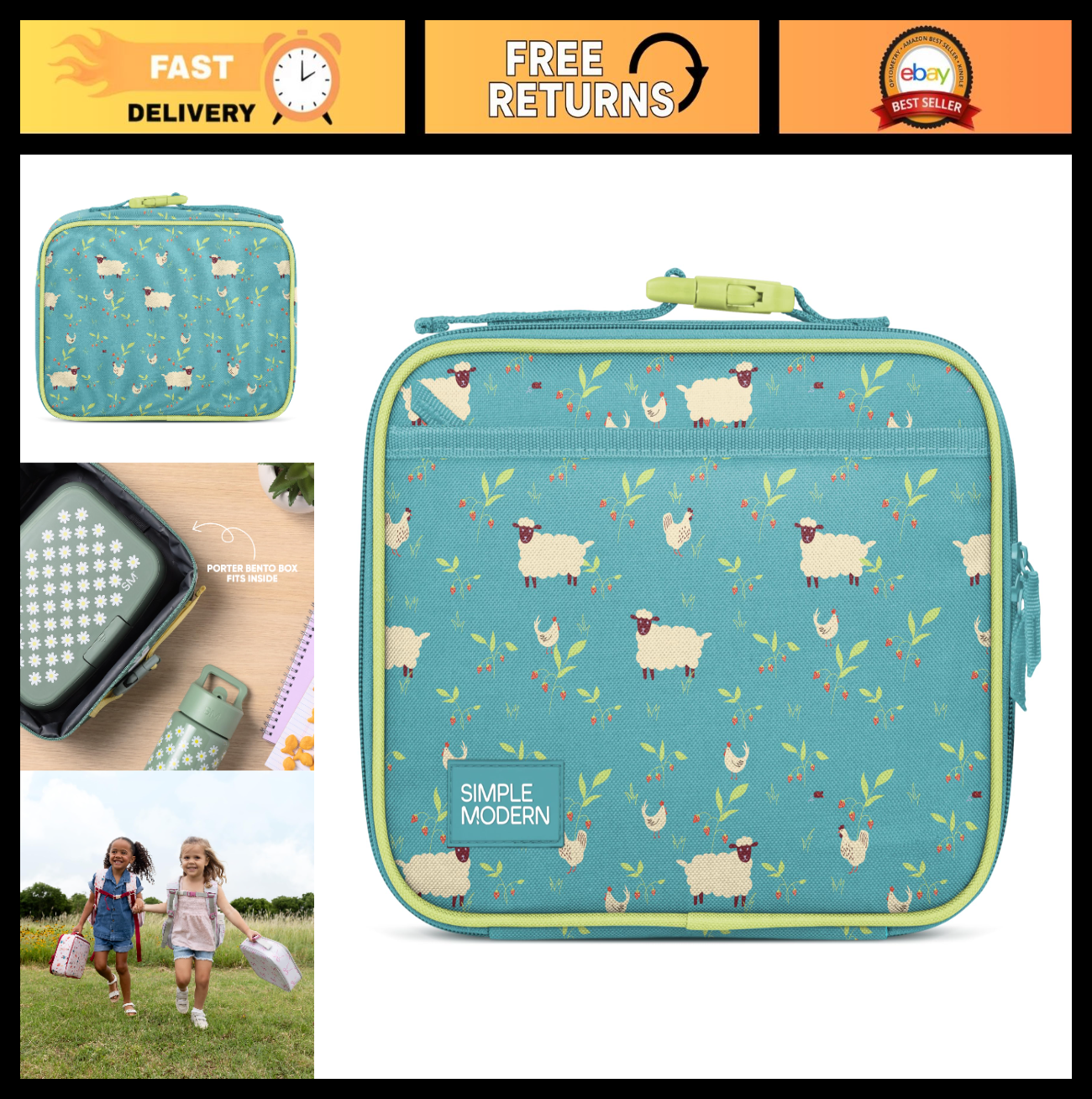 Cute Insulated Kids Lunch Box & Bag Set | Fits Bento Containers | Sheep Design0