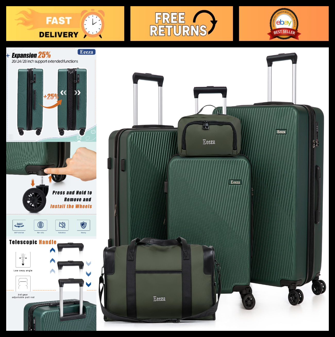 5-Piece Green Hardshell Luggage Set 20/24/28" - ABS Hard Case, Removable Wheels,0