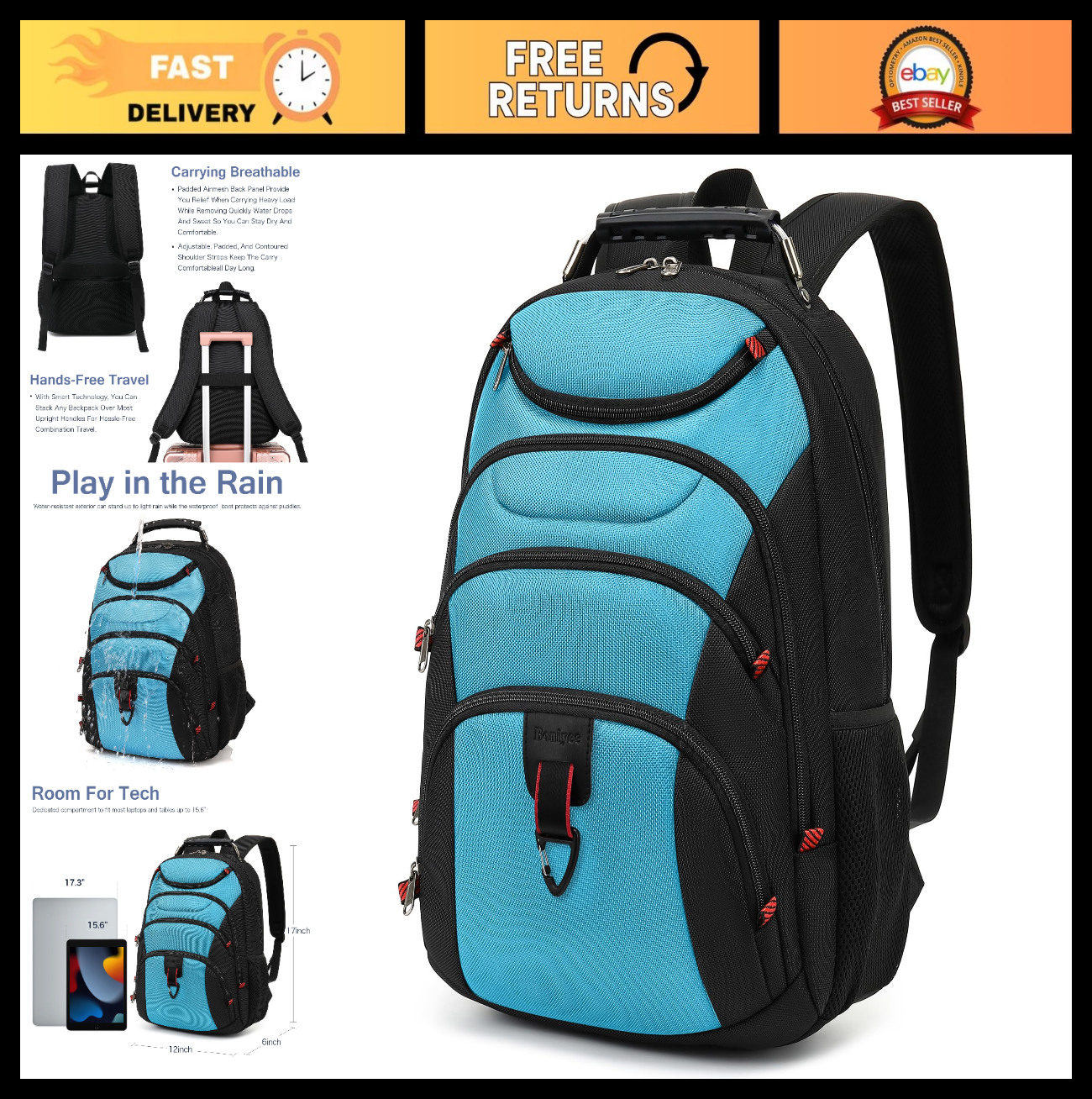 15.6" Waterproof Laptop Backpack with USB Port, Anti Theft Travel Bag, Casual Of0