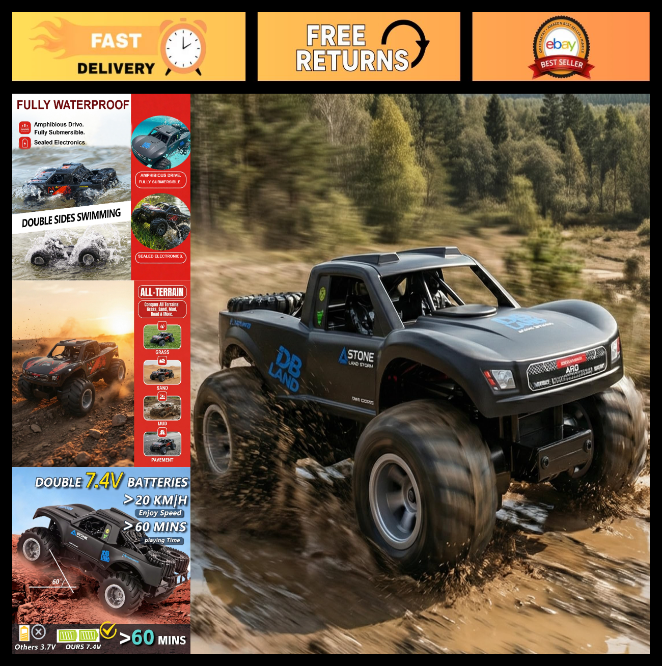 Amphibious Remote Control Car - Fully Submersible 4WD Monster Truck for Kids, 600