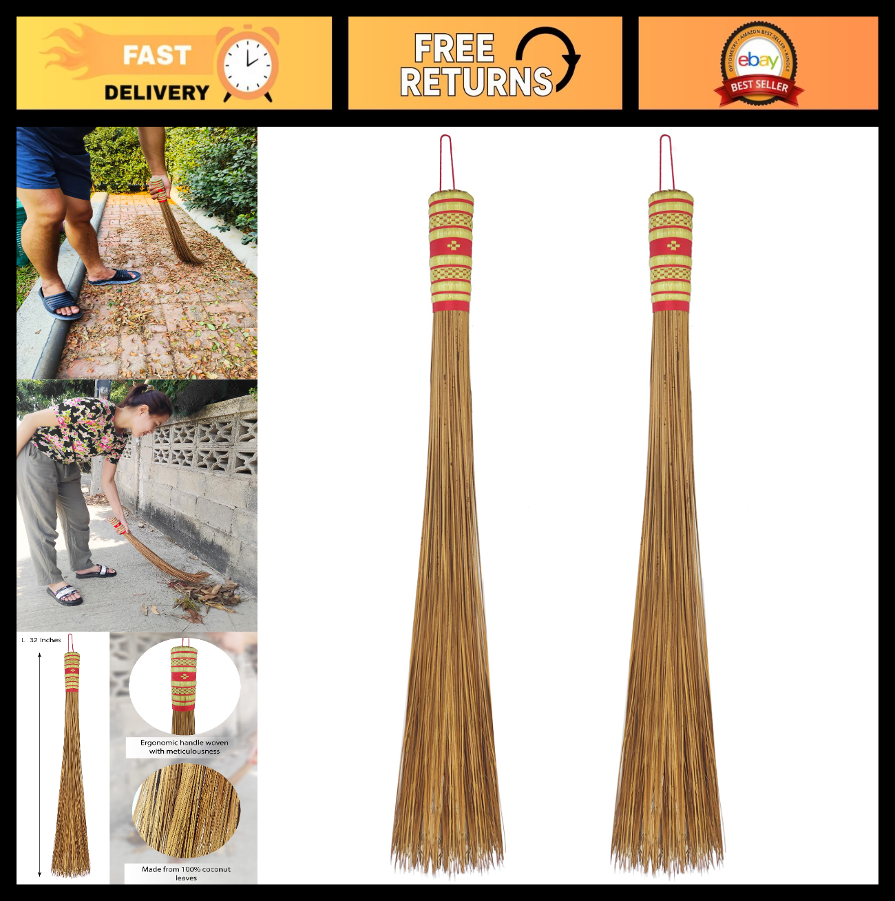 32" Heavy Duty Outdoor Coconut Leaf Broom - Multi-Surface Rustic Thai Broom0