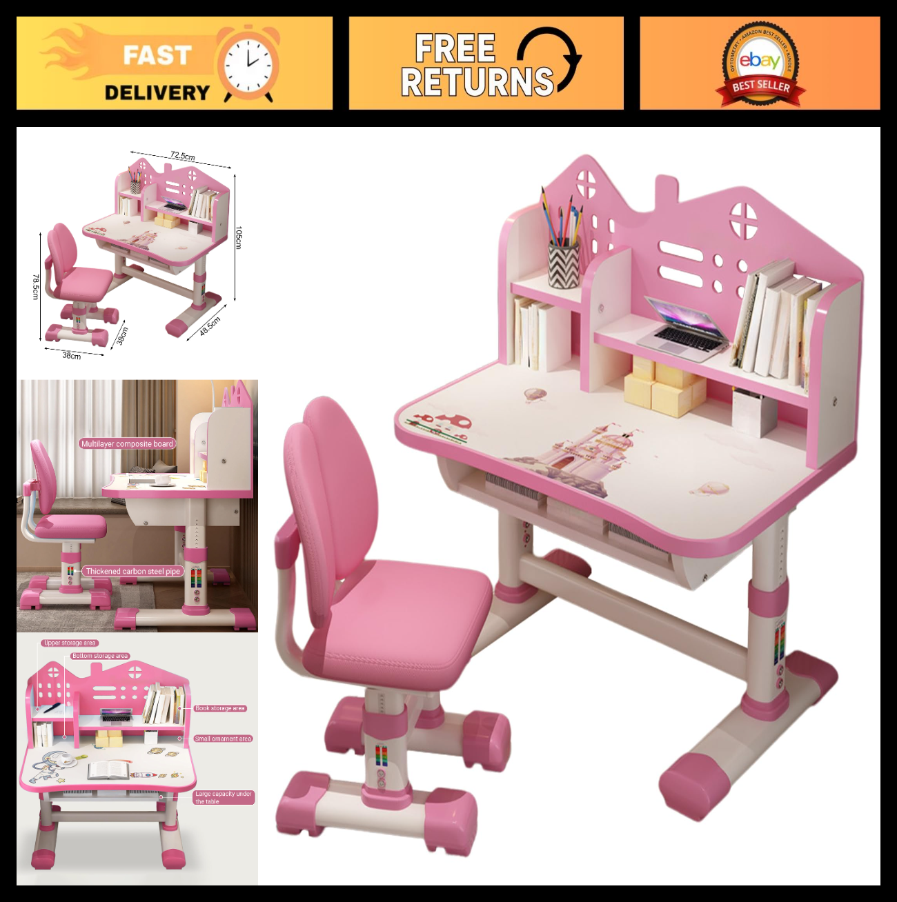 Adjustable Kids Study Table & Chair Set, Cute Cartoon Pattern, Widened Desktop,0