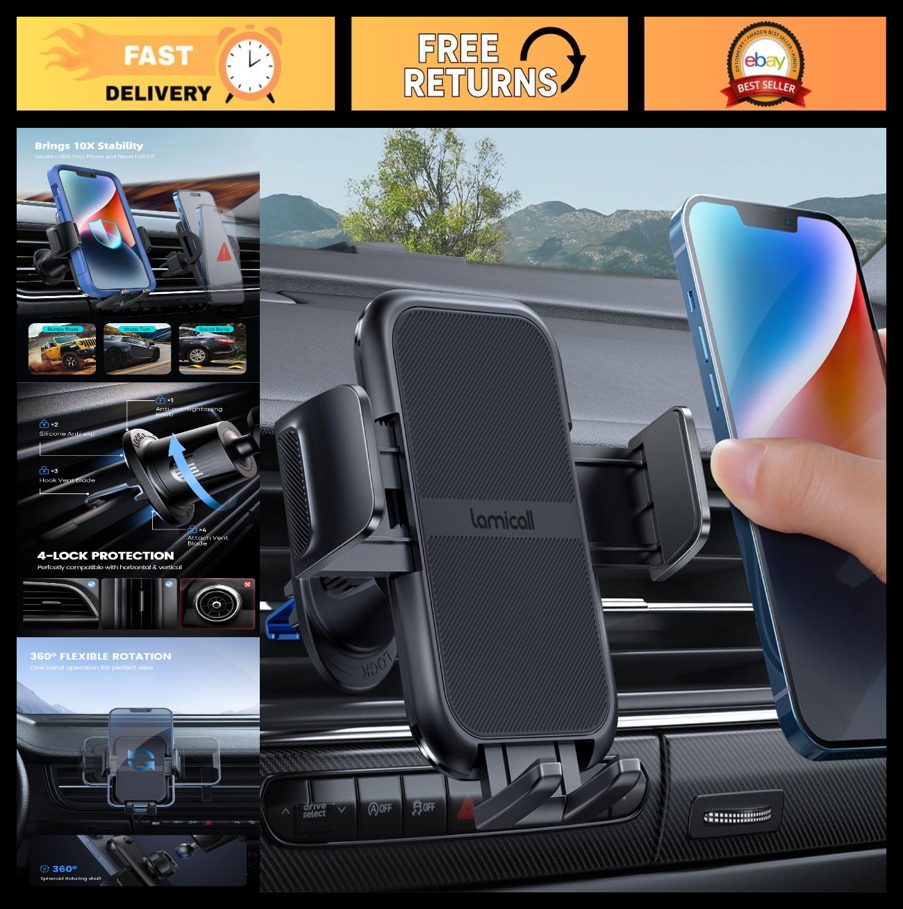 Wider Clamp Metal Hook Car Phone Holder for Thick Cases   Hands Free Mount for i0