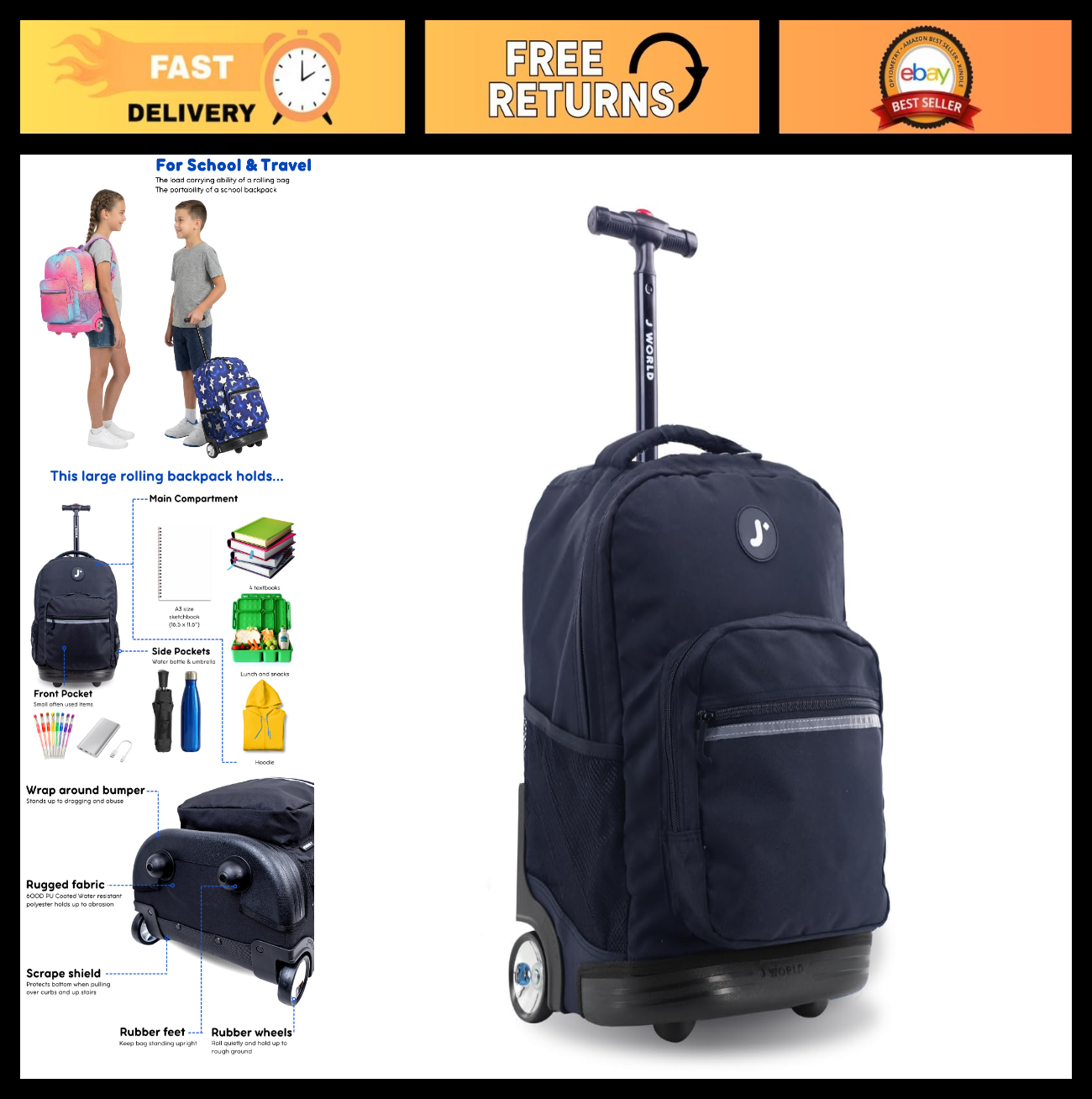 Rolling Backpack for School, Travel & Outdoor   Black, Lightweight & Durable0