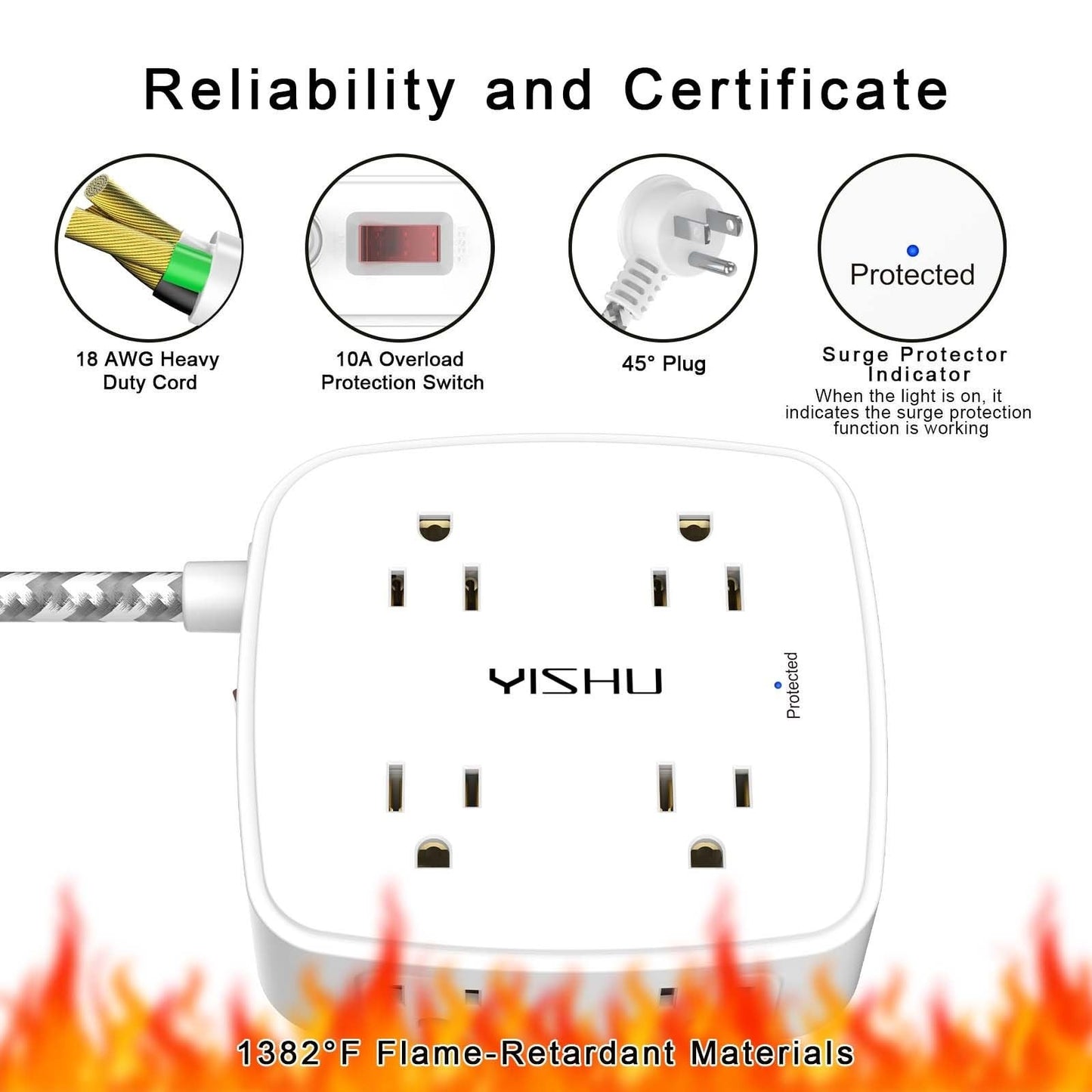 8 Outlet Surge Protector Power Strip with 4 USB Ports, 6FT Braided Cord, Flat Pl5
