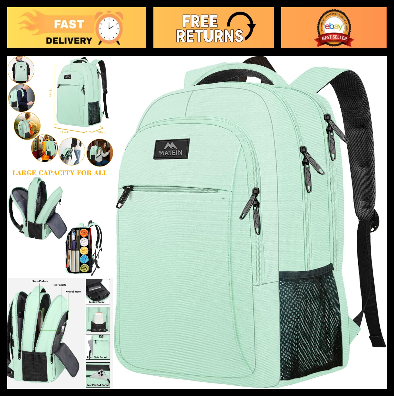 Mint Green Travel Laptop Backpack, 15.6" Computer Bag for Women, Stylish & Durab0