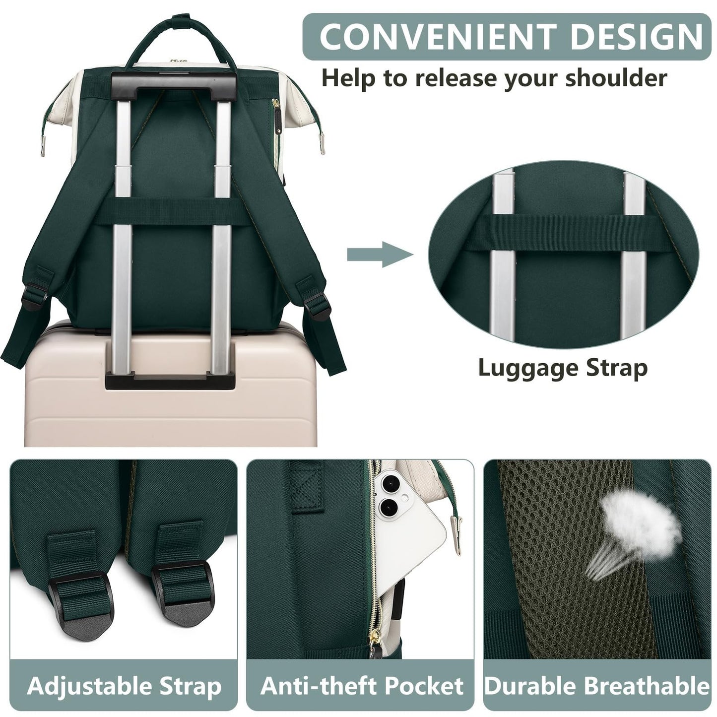 15.6" Laptop Backpack for Women   USB Charging, Large Travel Work Bag, Casual Da3