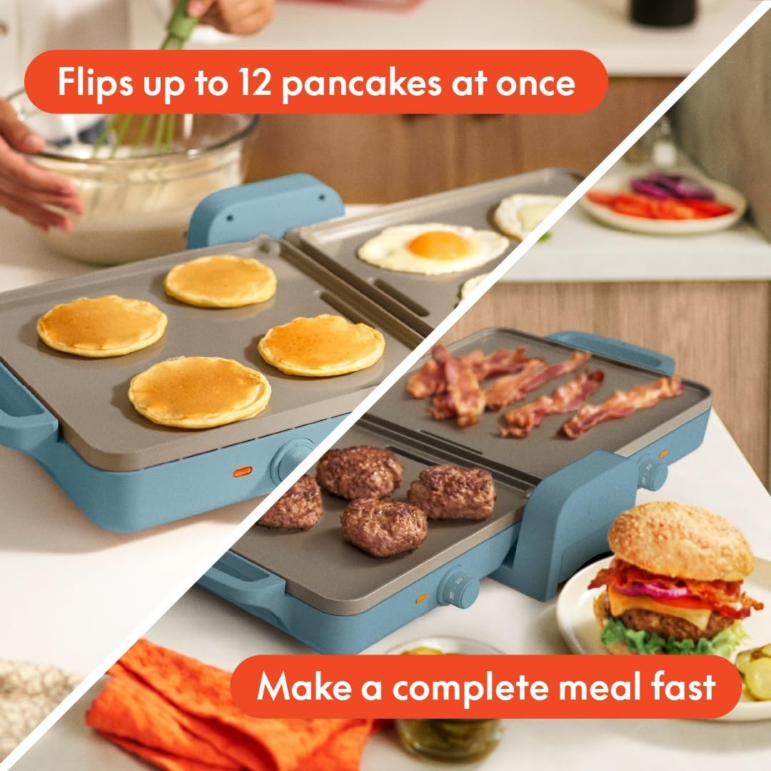 Ceramic Nonstick Griddle 10"x20" - Dual Temp, Dishwasher Safe, 1500W, Fits Anywh5