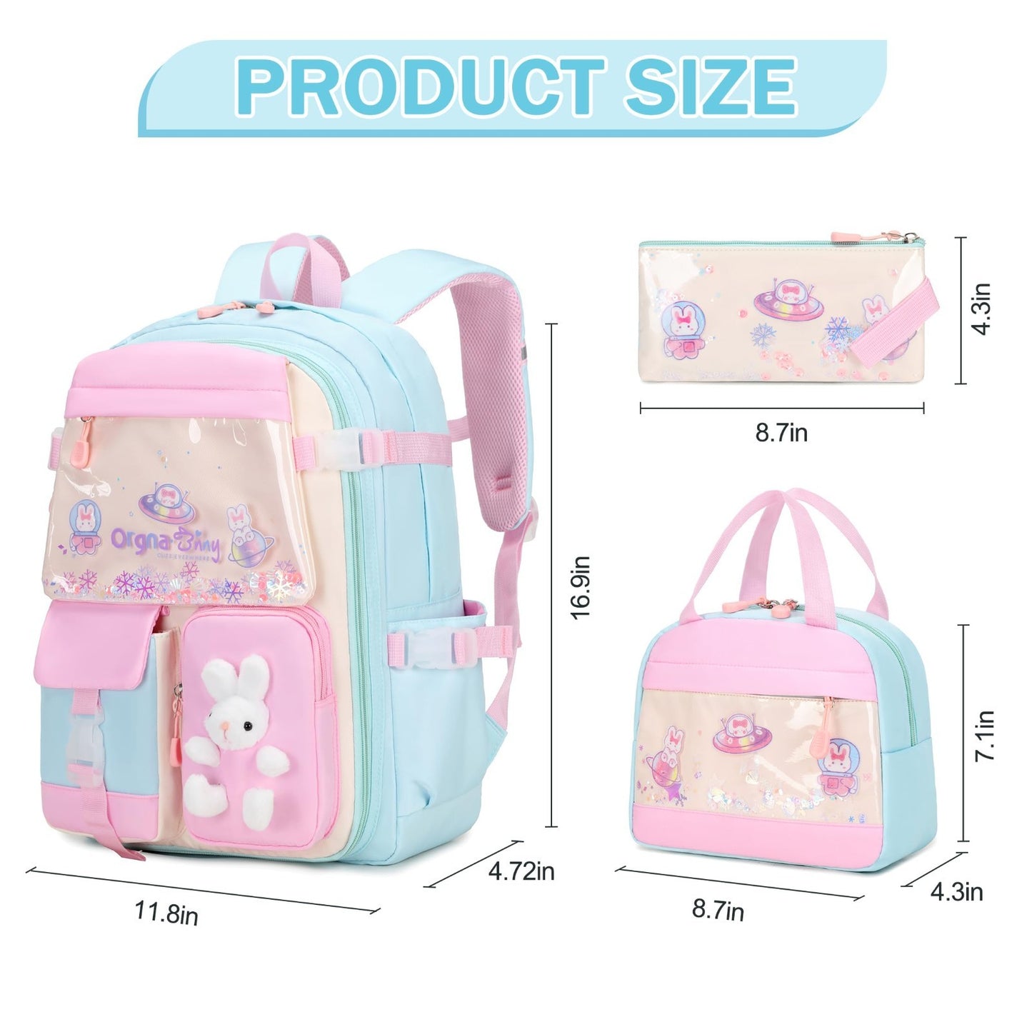 Kawaii Bunny Girls Backpack Set   3PC School Bag, Lunch Box & Pencil Case   Aqua1