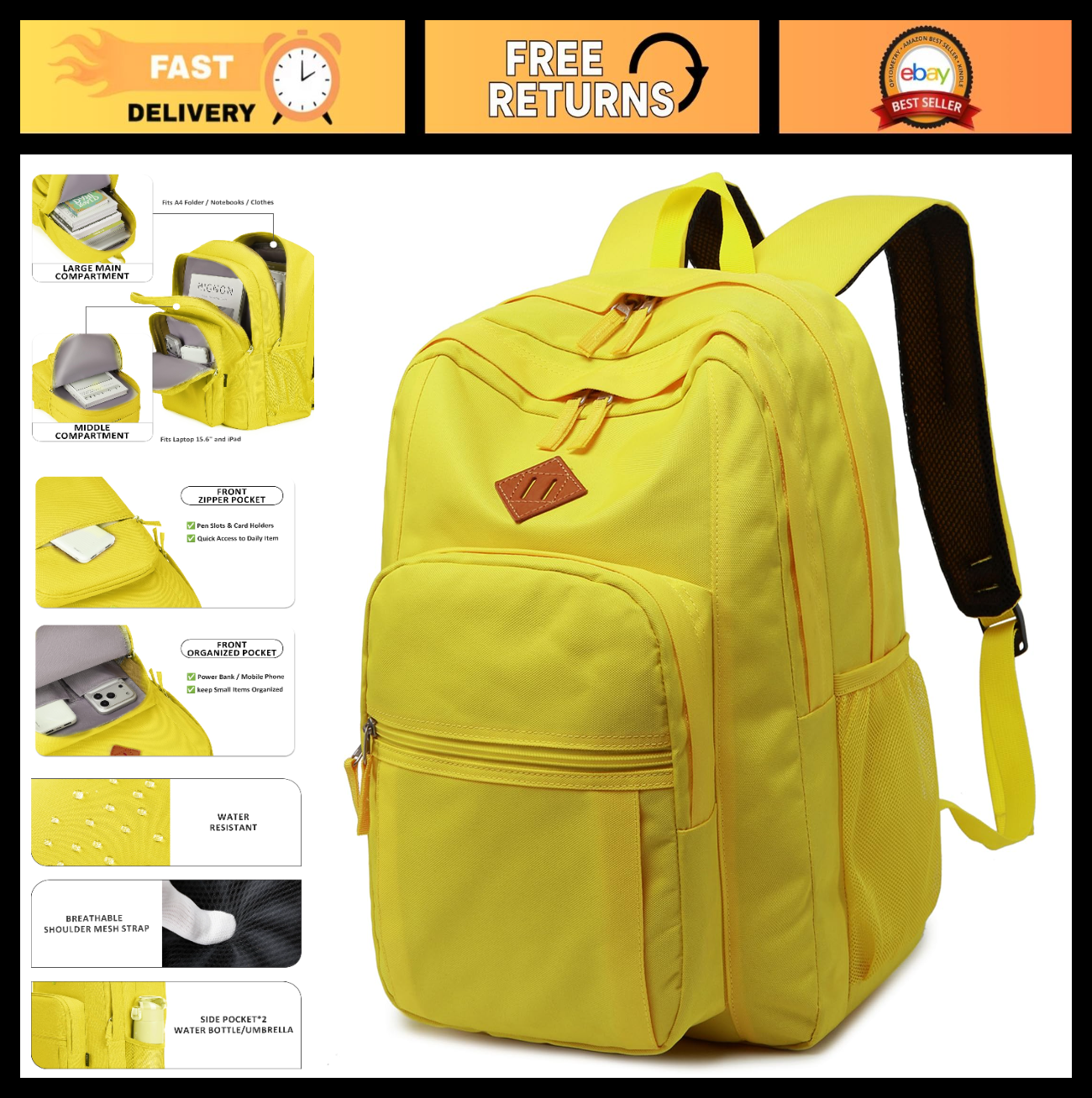 Classic Women's Travel Backpack, Water Resistant College Bookbag, Yellow0
